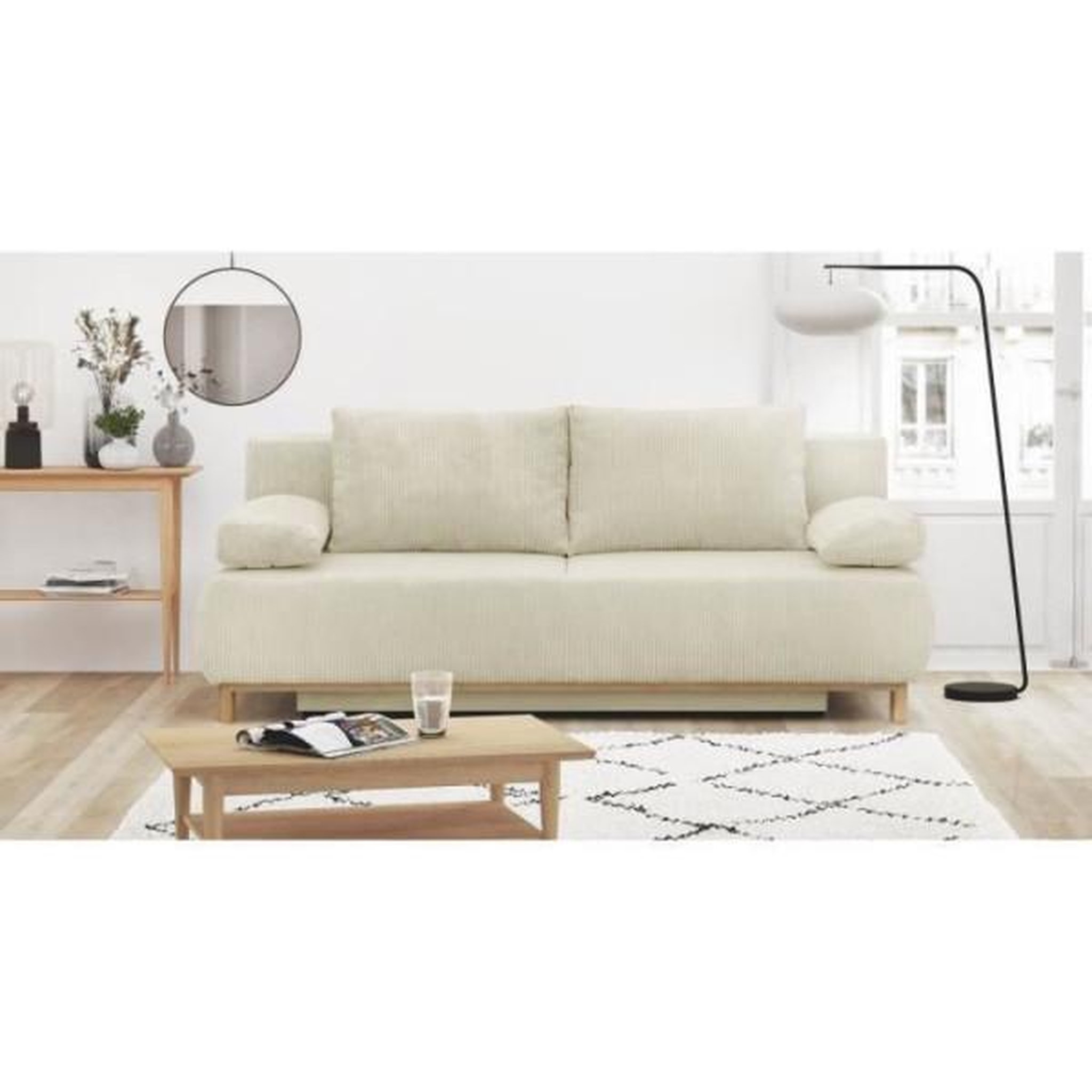 Voir la diapositive 2 : MARKET24 Banquette convertible 3 places MIKA - Velours côtelé Beige - Coffre de rangement - L 192 x H 84 x P 93 cm