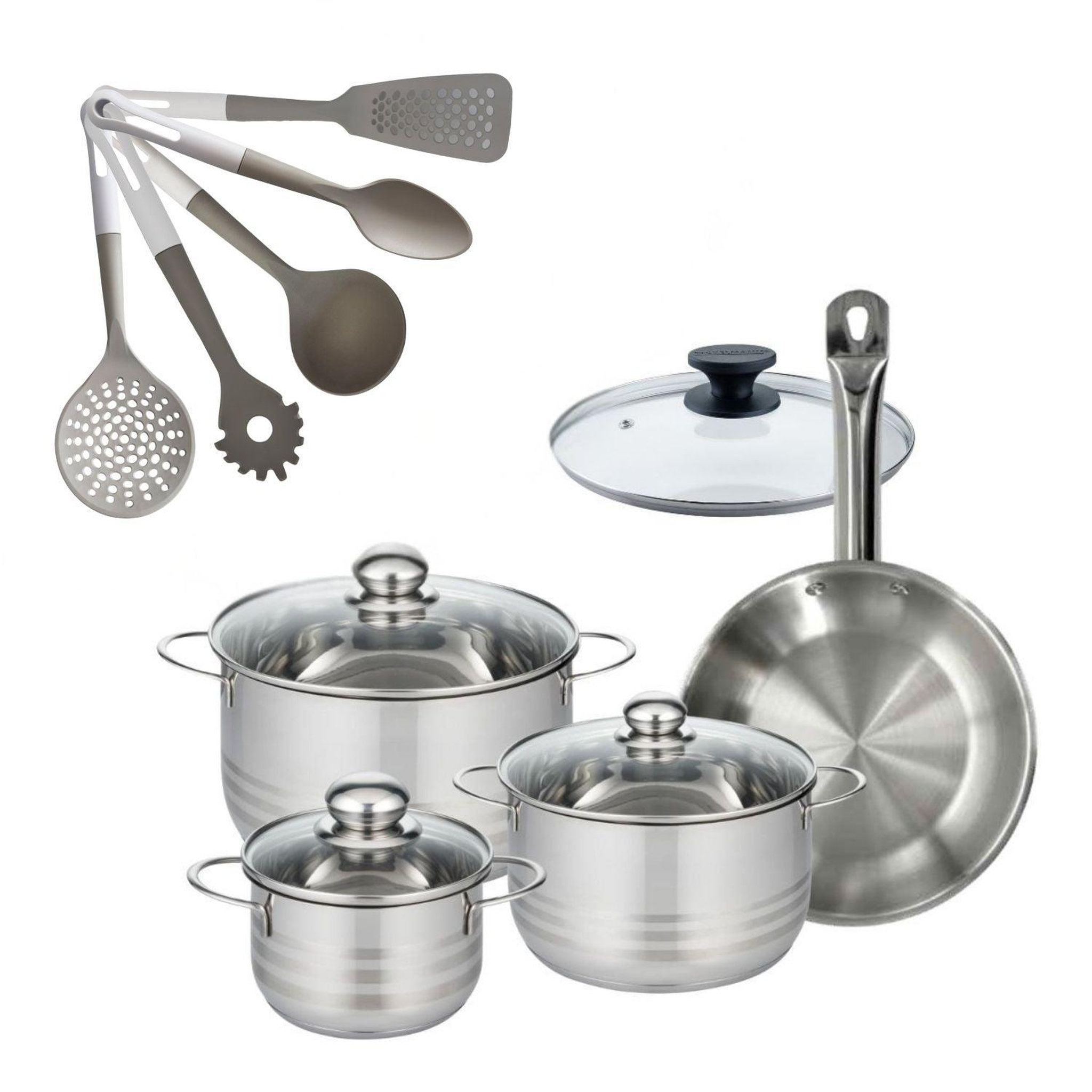 Fackelmann Batterie de cuisine avec 3 faitouts 16/20/24 cm et 1 poêle 24 cm avec 6 ustensiles de cuisine fackelmann etherna brillant vario avec couvercles