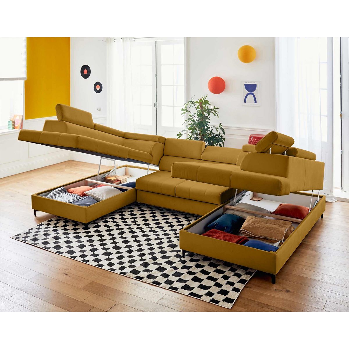 LISA DESIGN Merida - canapé panoramique en u - 7 places - convertible avec coffres et têtières réglables - en velours