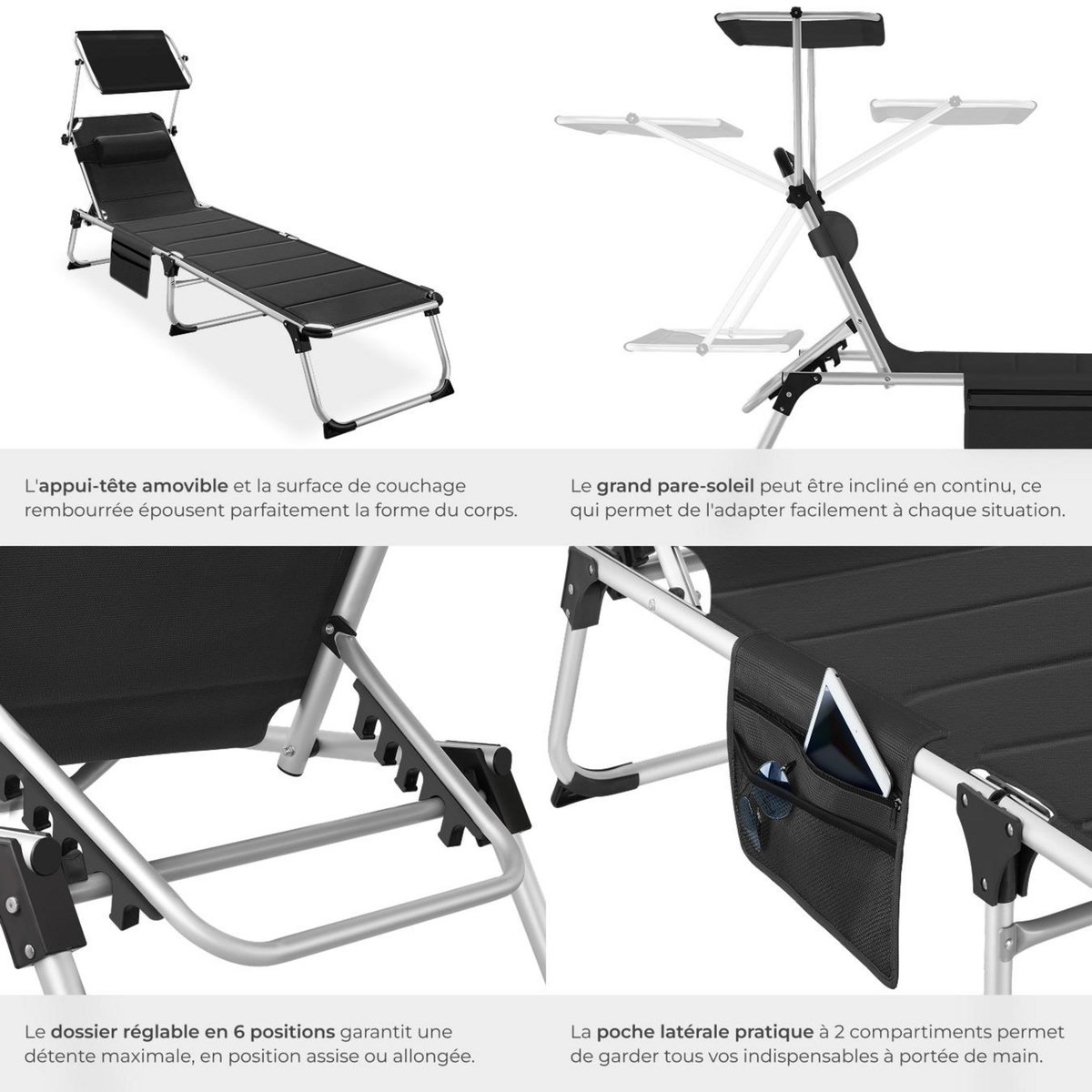 tectake Bain de soleil rembourré et pliable noir