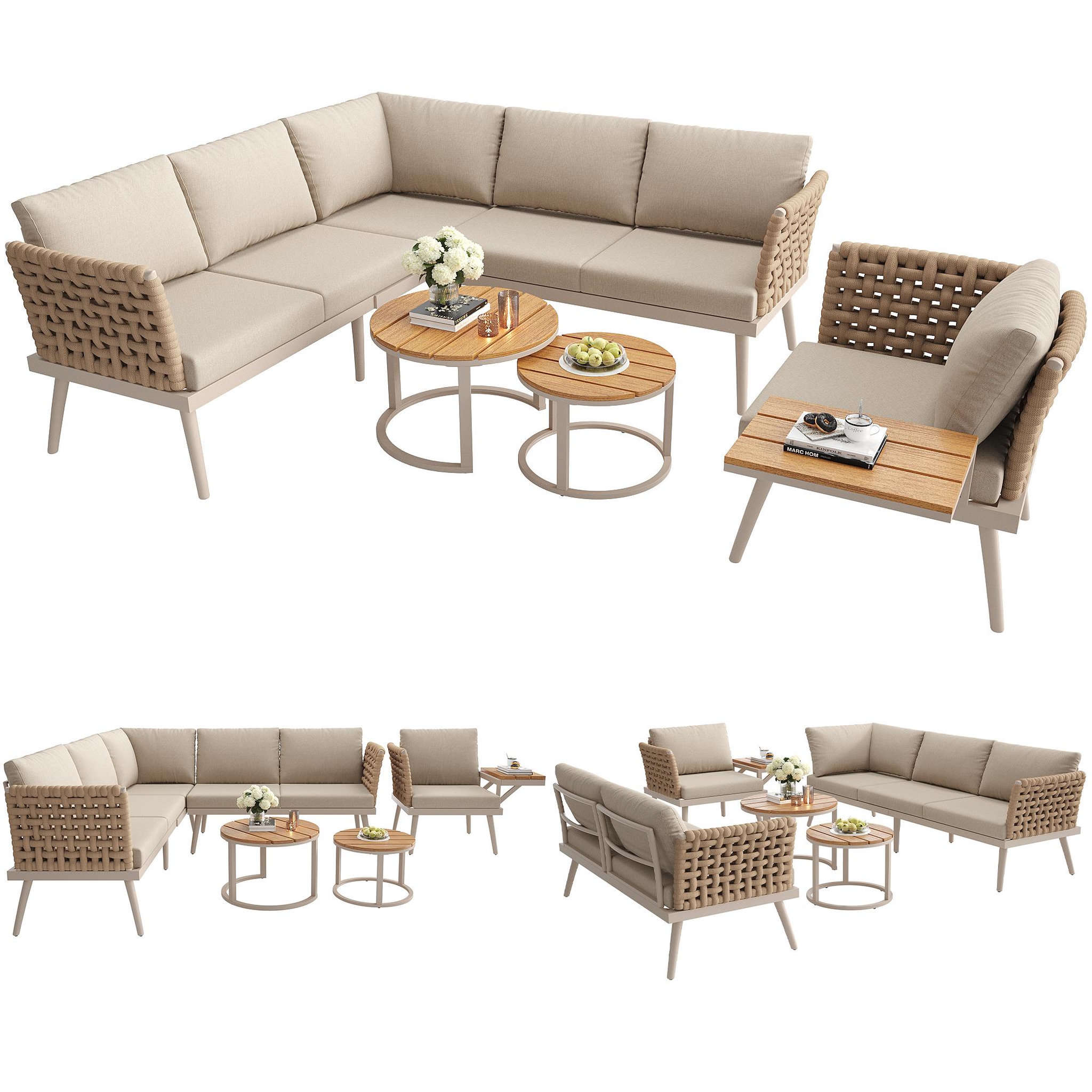 MERAX Salon de jardin 6 places en métal avec canapé d'angle, 2 tables basses en bois, fauteuils et coussins. Coloris disponibles : Beige
