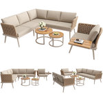 MERAX Salon de jardin 6 places en métal avec canapé d'angle, 2 tables basses en bois, fauteuils et coussins. Coloris disponibles : Beige, Gris