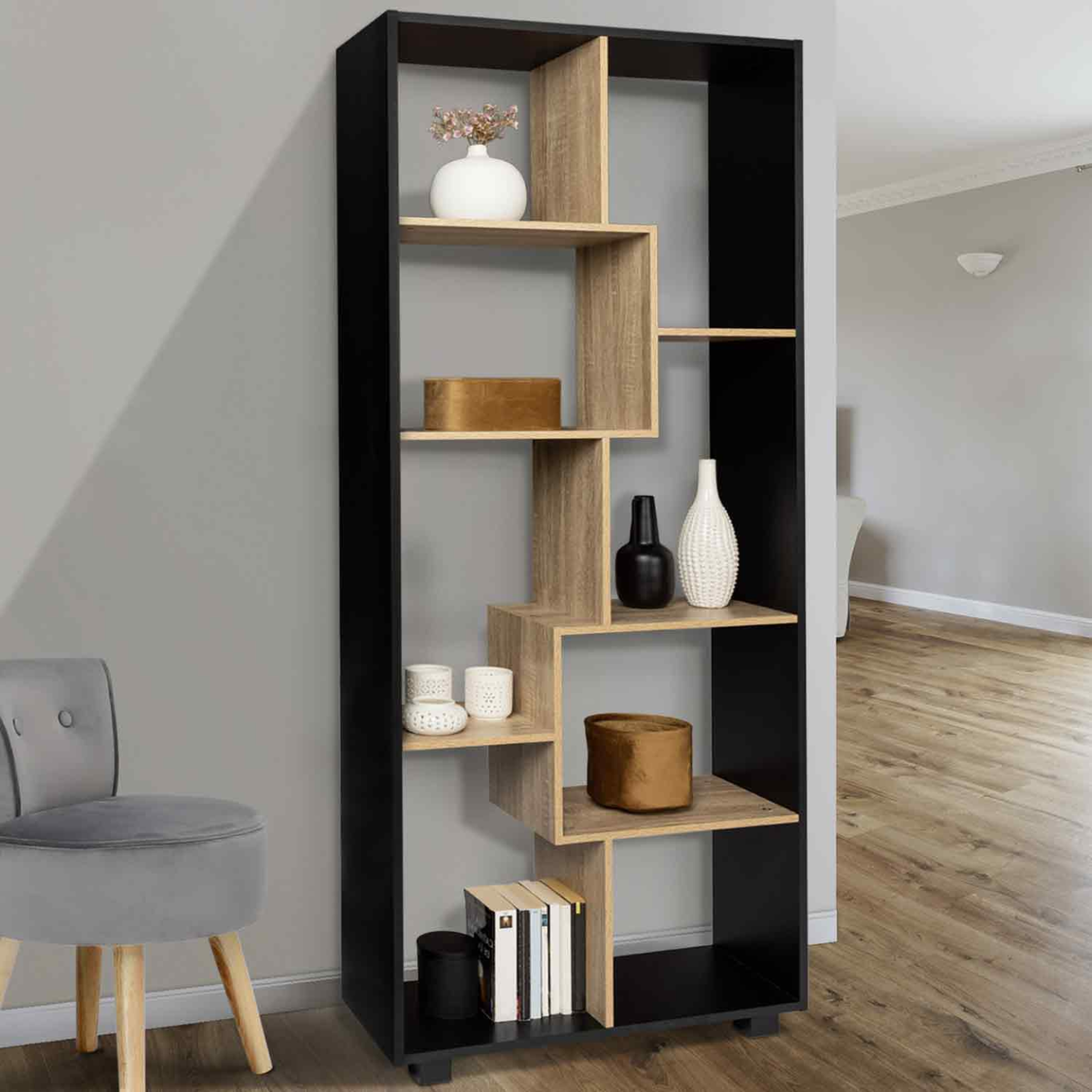 Voir la diapositive 3 : ID MARKET Etagère à double position tania bois noir et imitation hêtre l.161 cm