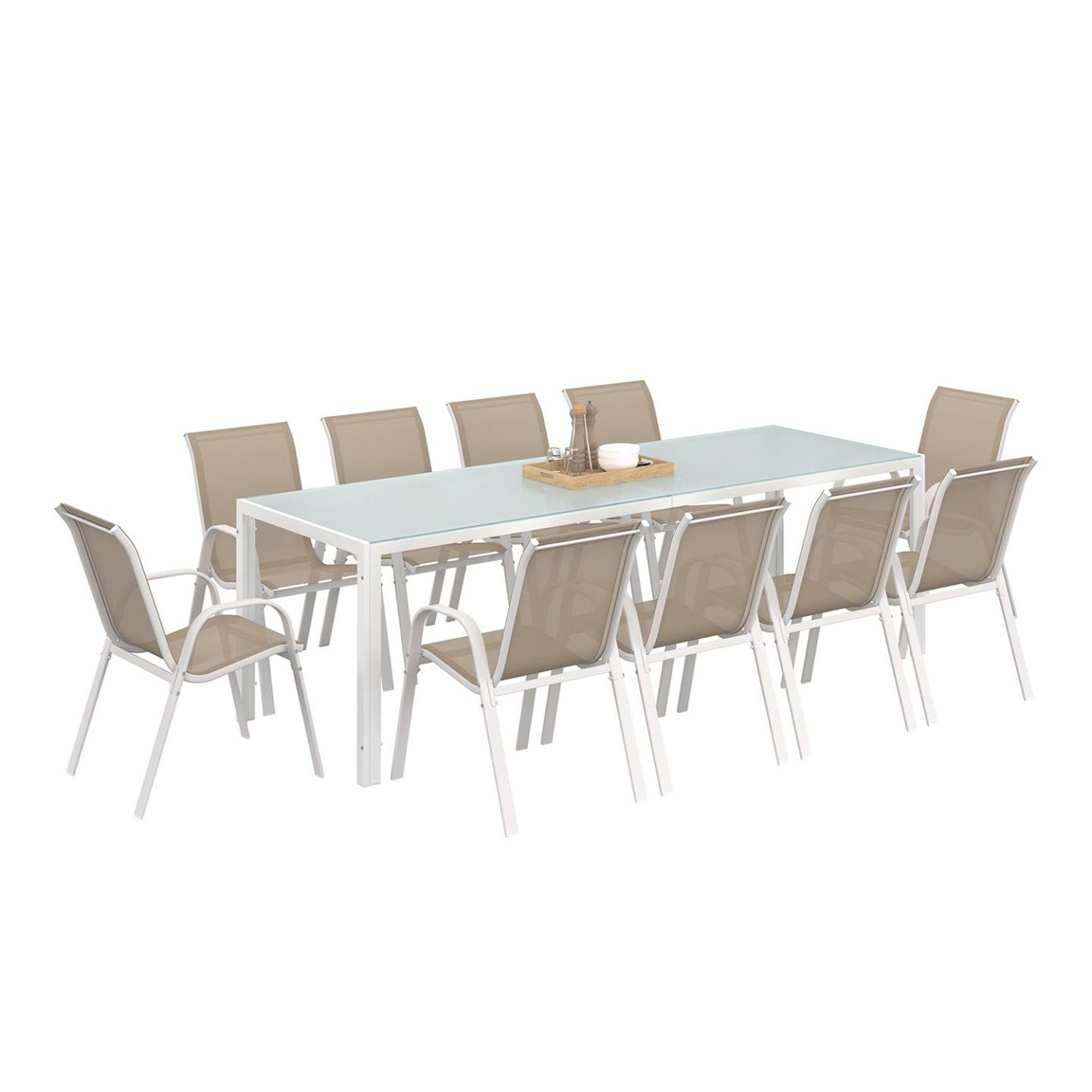 ID MARKET Salon de jardin madrid table 240 cm et 10 chaises empilables blanc et beige taupe