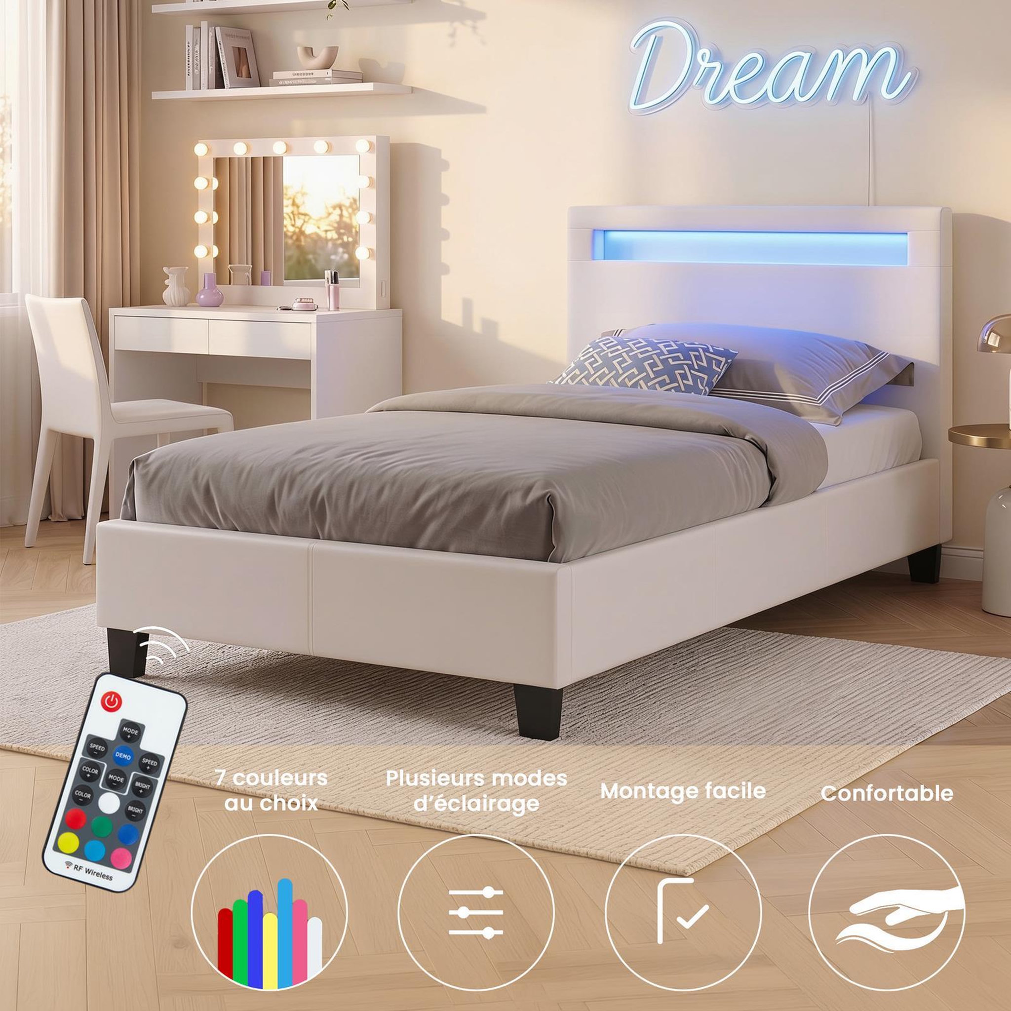 Voir la diapositive 3 : IDIMEX Lit LED simple LUCENO 90x190 cm, avec sommier, revêtement synthétique