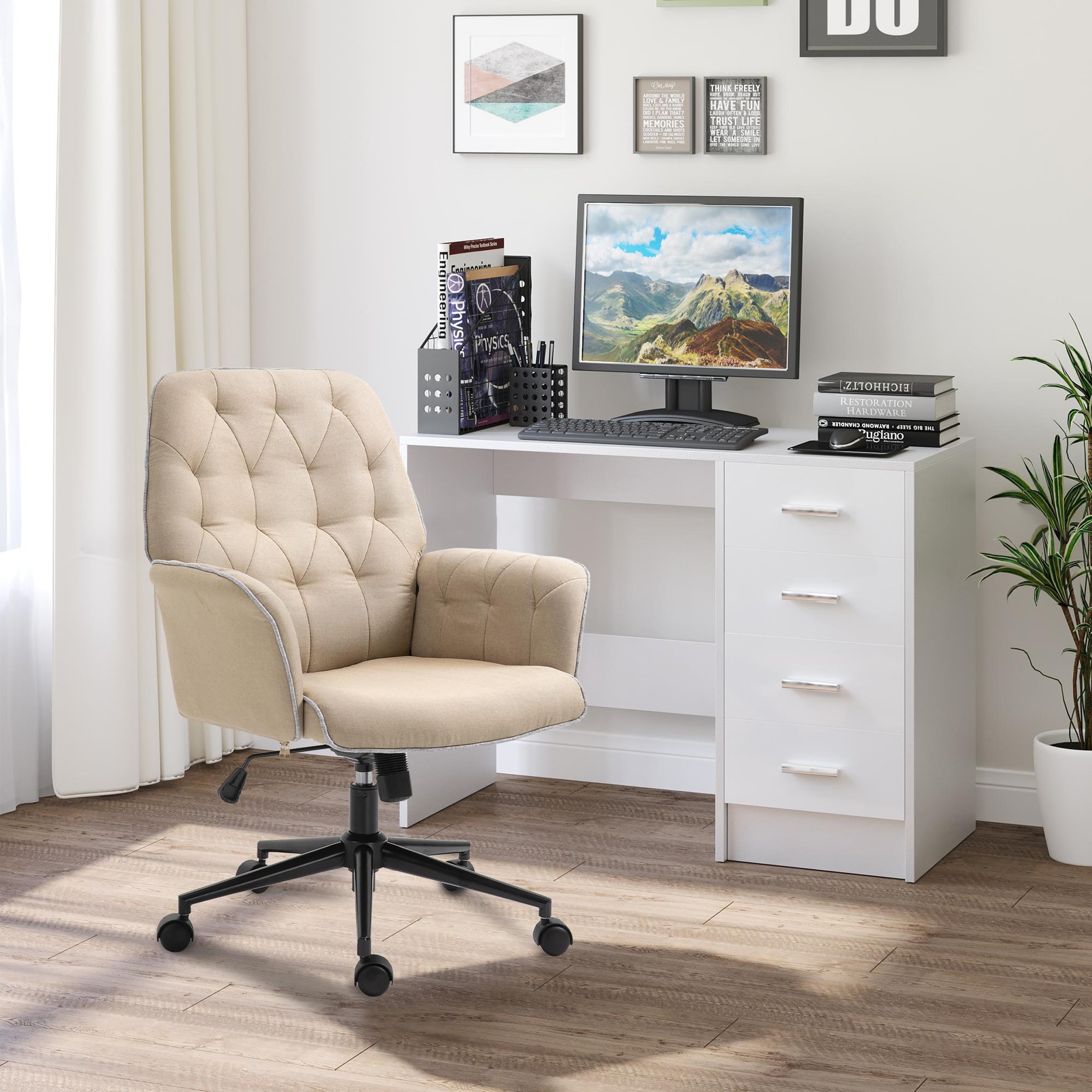 Voir la diapositive 2 : HOMCOM Fauteuil de bureau chaise de bureau hauteur réglable roulettes pivotant 360° tissu chanvre 69L x 66l x 89,5-97H cm beige
