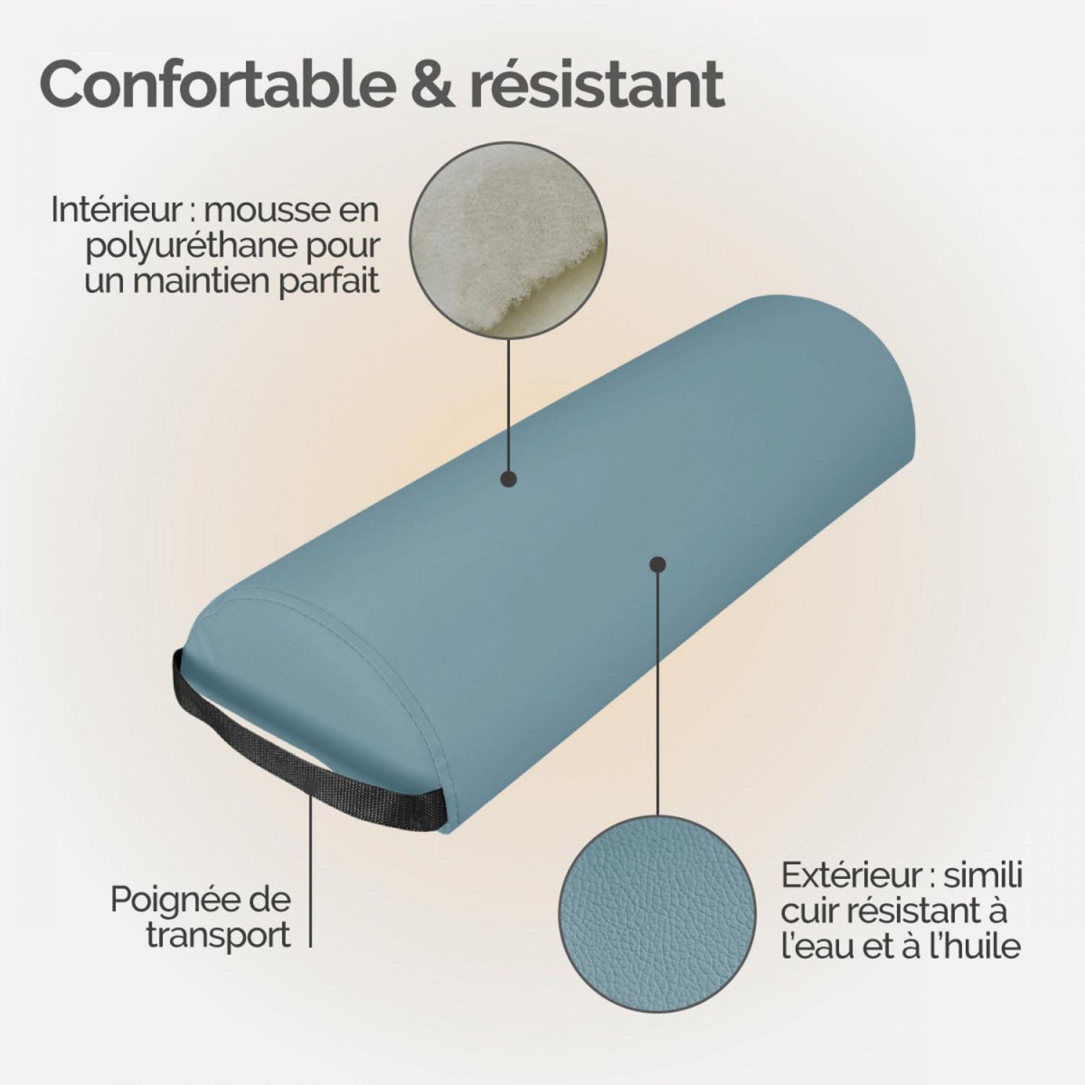 VIVEZEN Traversin, coussin demi-rond 66 cm x 22 cm x 12 cm pour table de massage