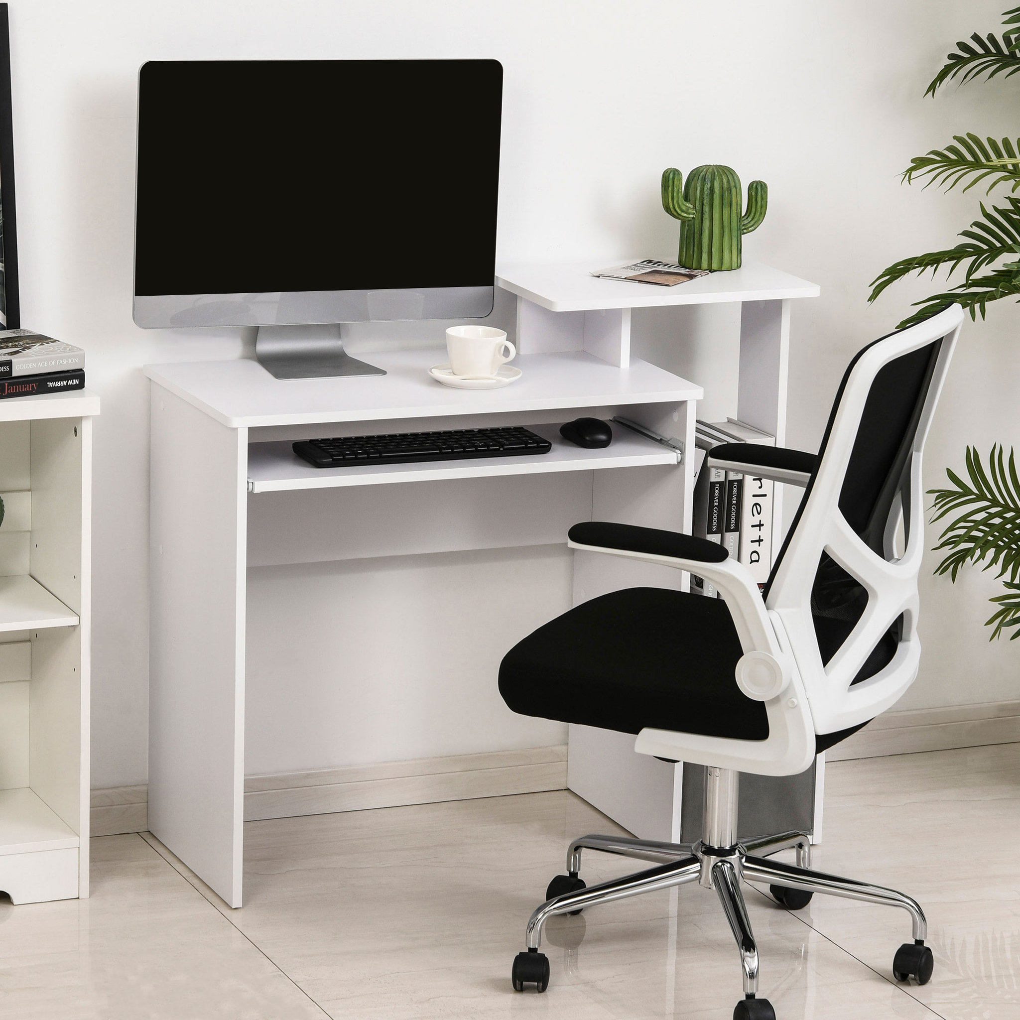 Voir la diapositive 2 : HOMCOM Bureau informatique multimédia étagères tablette clavier panier gris panneaux particules blanc
