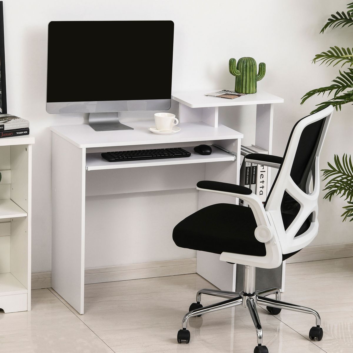 HOMCOM Bureau informatique multimédia étagères tablette clavier panier gris panneaux particules blanc