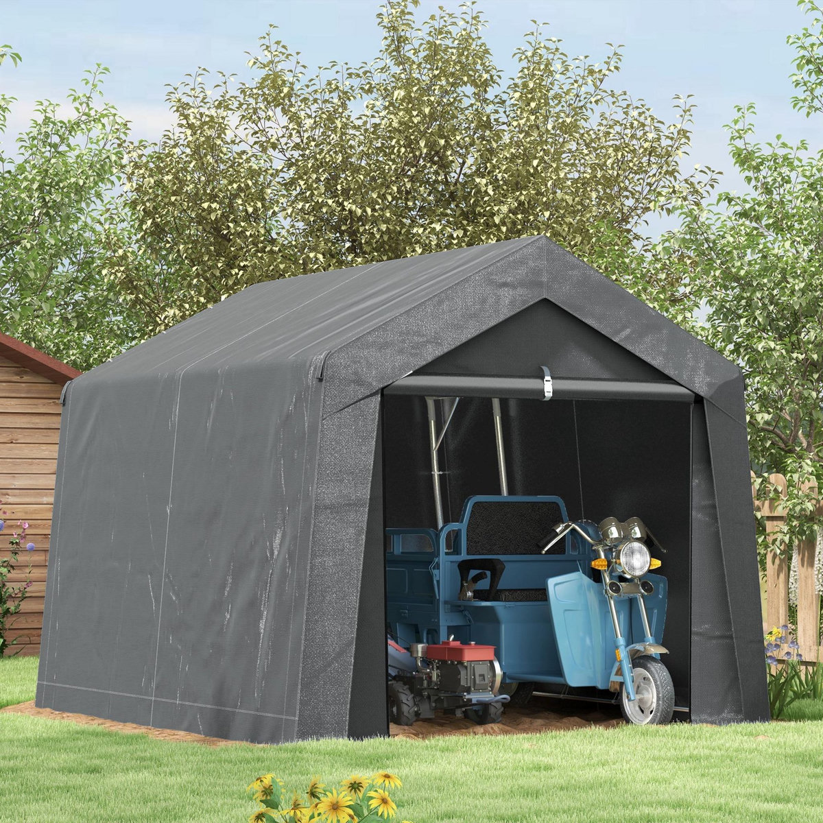 OUTSUNNY Abri de jardin, tente de stockage, 3 x 3 m, imperméable et anti-UV, cadre en acier galvanisé et grande porte, abri de vélo garage pour extérieur, gris foncé