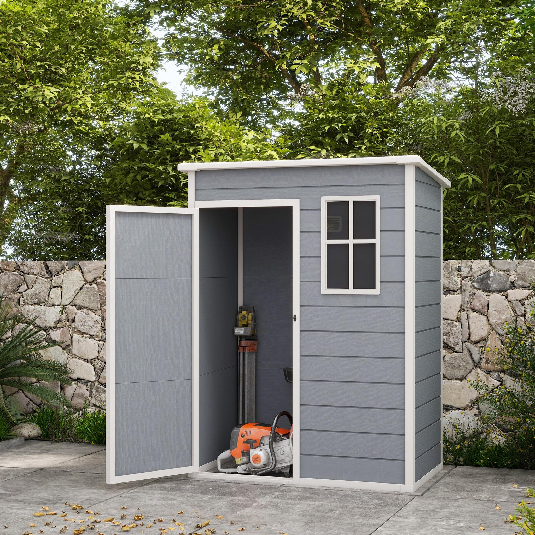 Voir la diapositive 4 : OUTSUNNY Abri de jardin - remise pour outils - cabanon porte verrouillable, fenêtre - dim. 151L x 92l x 193H cm - alu PP gris blanc
