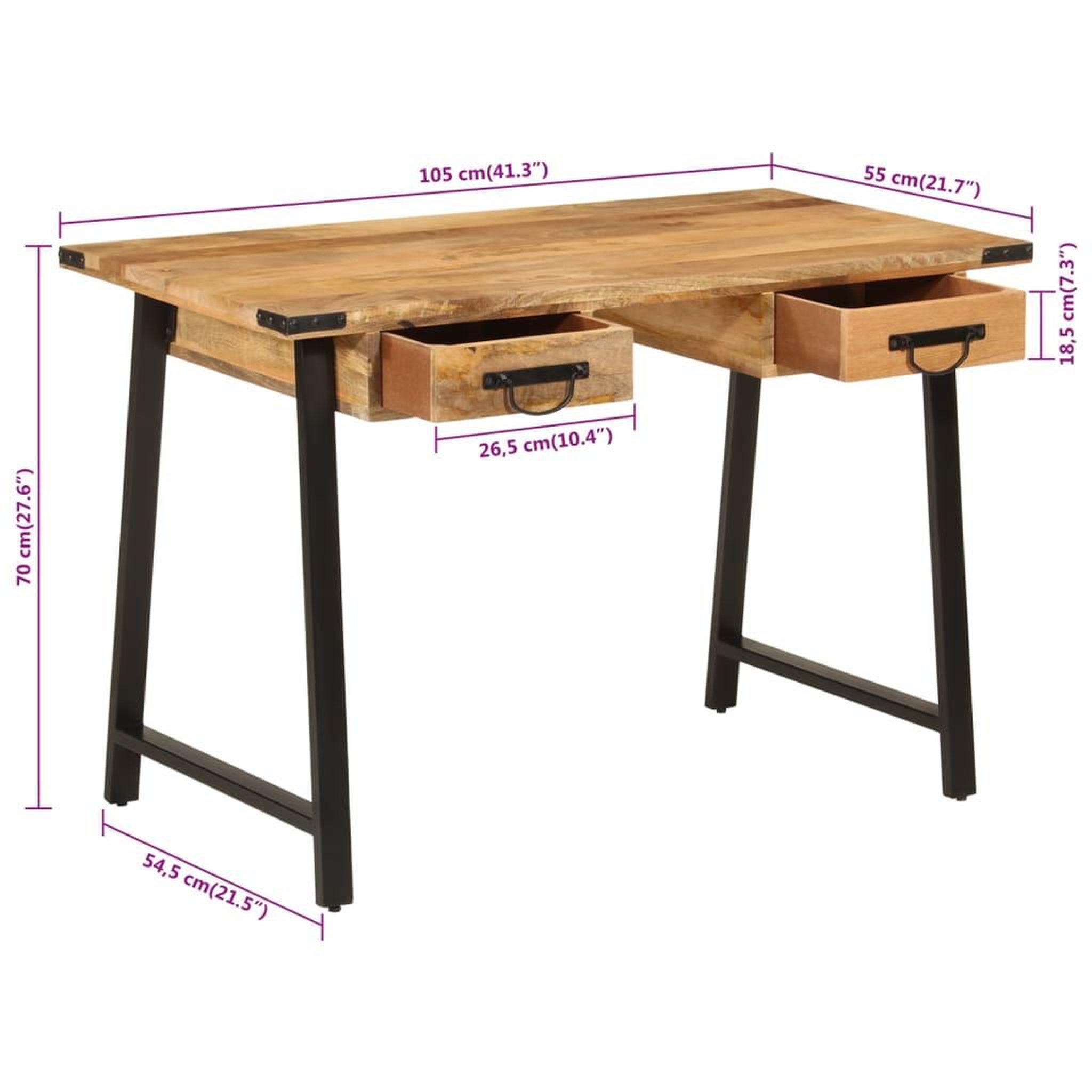 Voir la diapositive 6 : VIDAXL Bureau avec tiroirs 105x55x70 cm bois de manguier massif et fer