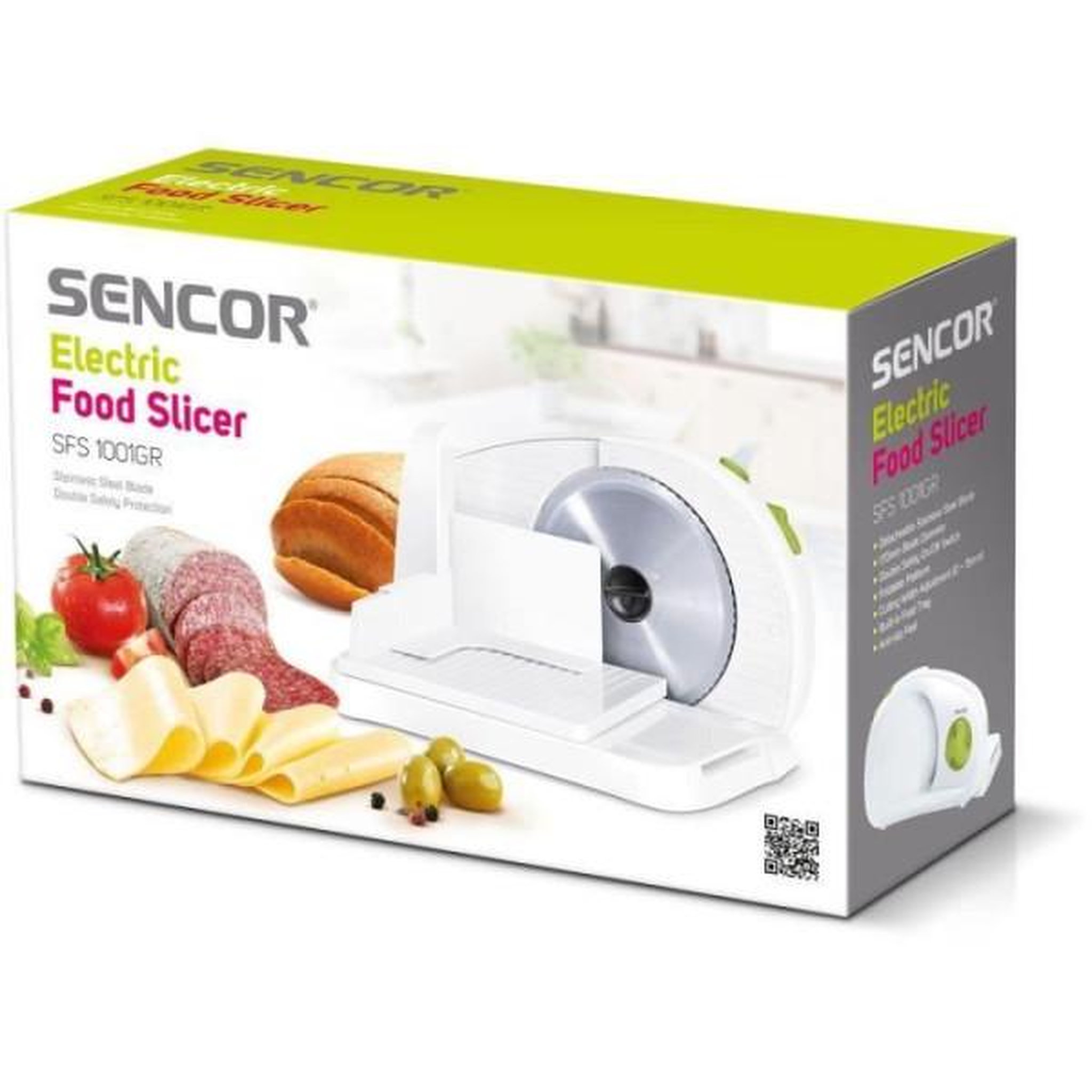 Voir la diapositive 4 : MARKET24 Trancheuse  électrique - SENCOR - SFS 1001GR - 100 W - Blanc / Vert