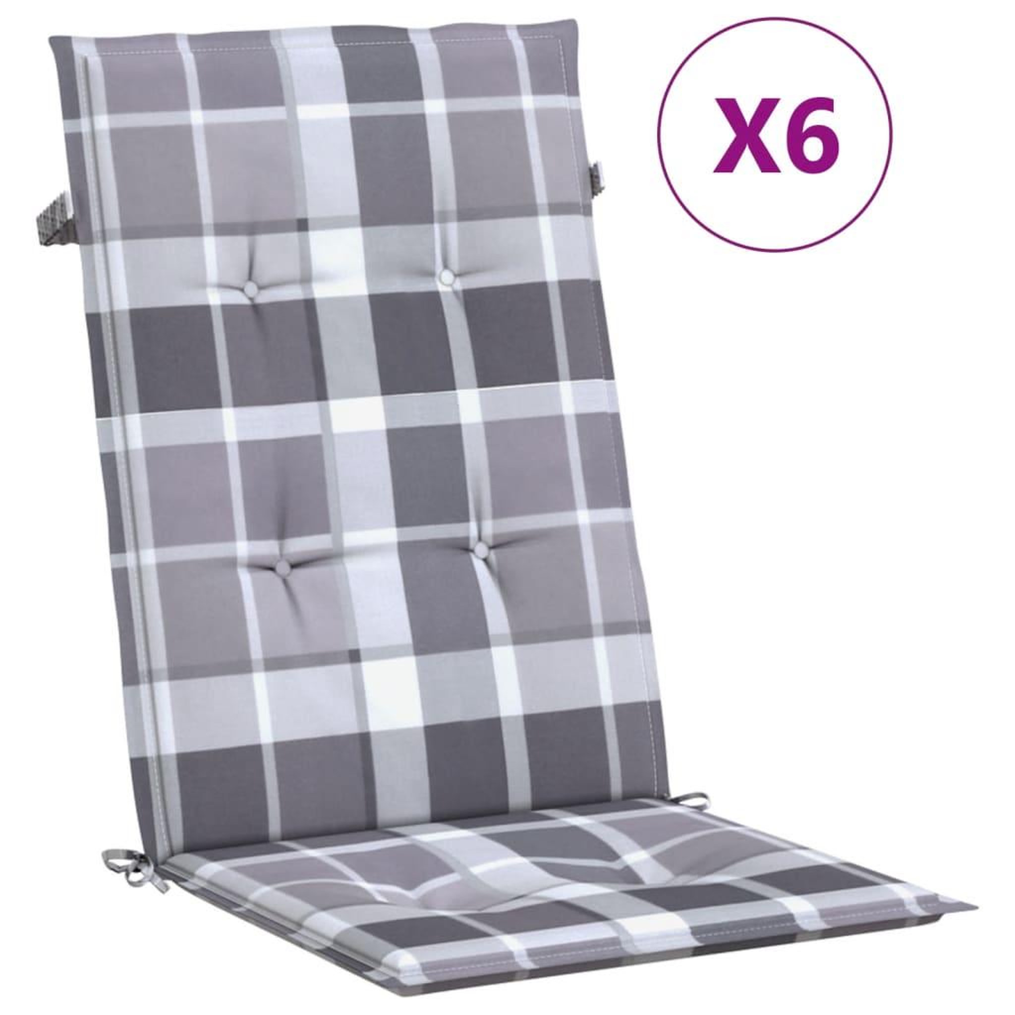 Voir la diapositive 2 : VIDAXL Coussins de chaise jardin a dossier haut lot de 6 carreaux gris