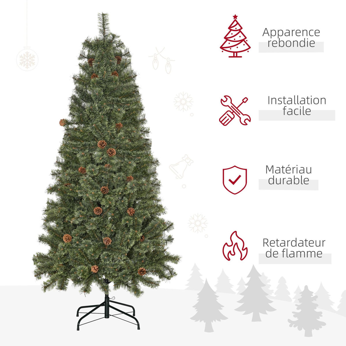 HOMCOM Sapin de Noël artificiel Ø 87 x 180H cm - 450 branches épines imitation Nordmann grand réalisme - 28 pommes de pin - métal PVC vert