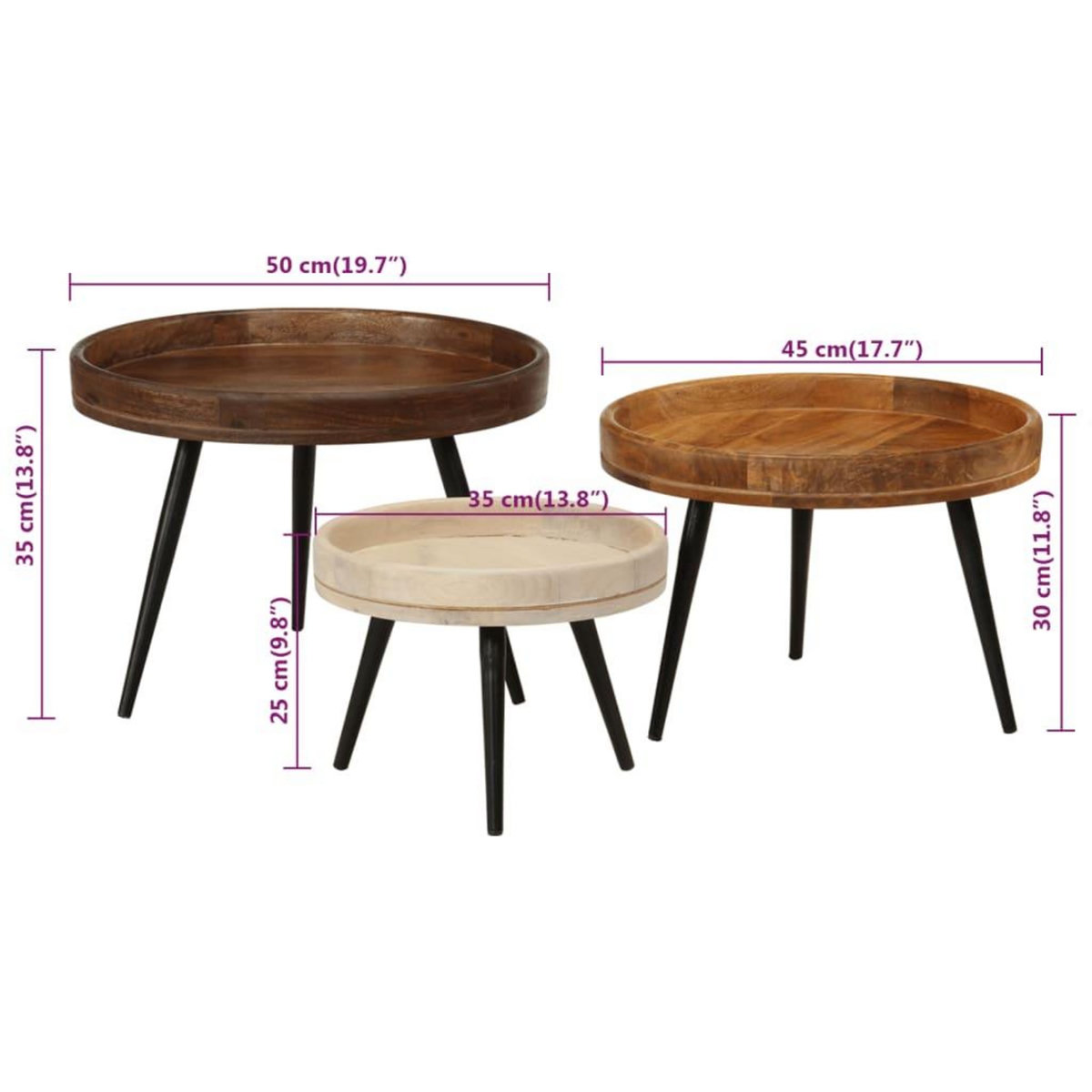 VIDAXL Tables basses rondes 3 pcs bois de manguier massif