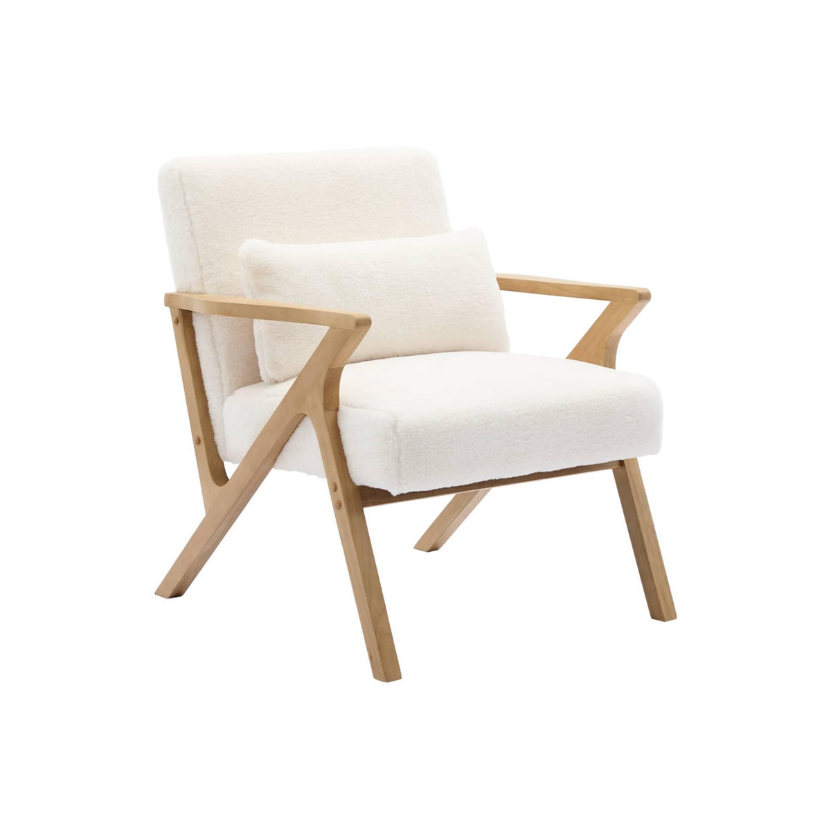 SWEEEK Fauteuil scandinave bois d'hévéa et tissu effet fausse fourrure blanc crème