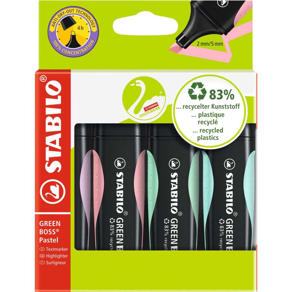 STABILO Lot de 4 surligneurs Green Boss Pastel