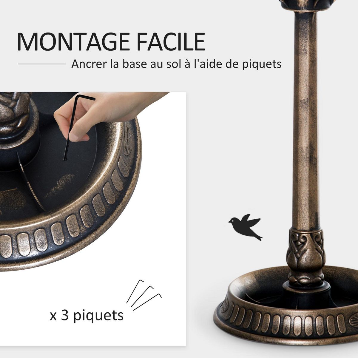 OUTSUNNY Bain d'oiseaux abreuvoir pour oiseaux jardinière 3 en 1 dim. Ø 50 x 113H cm polypropylène bronze antique