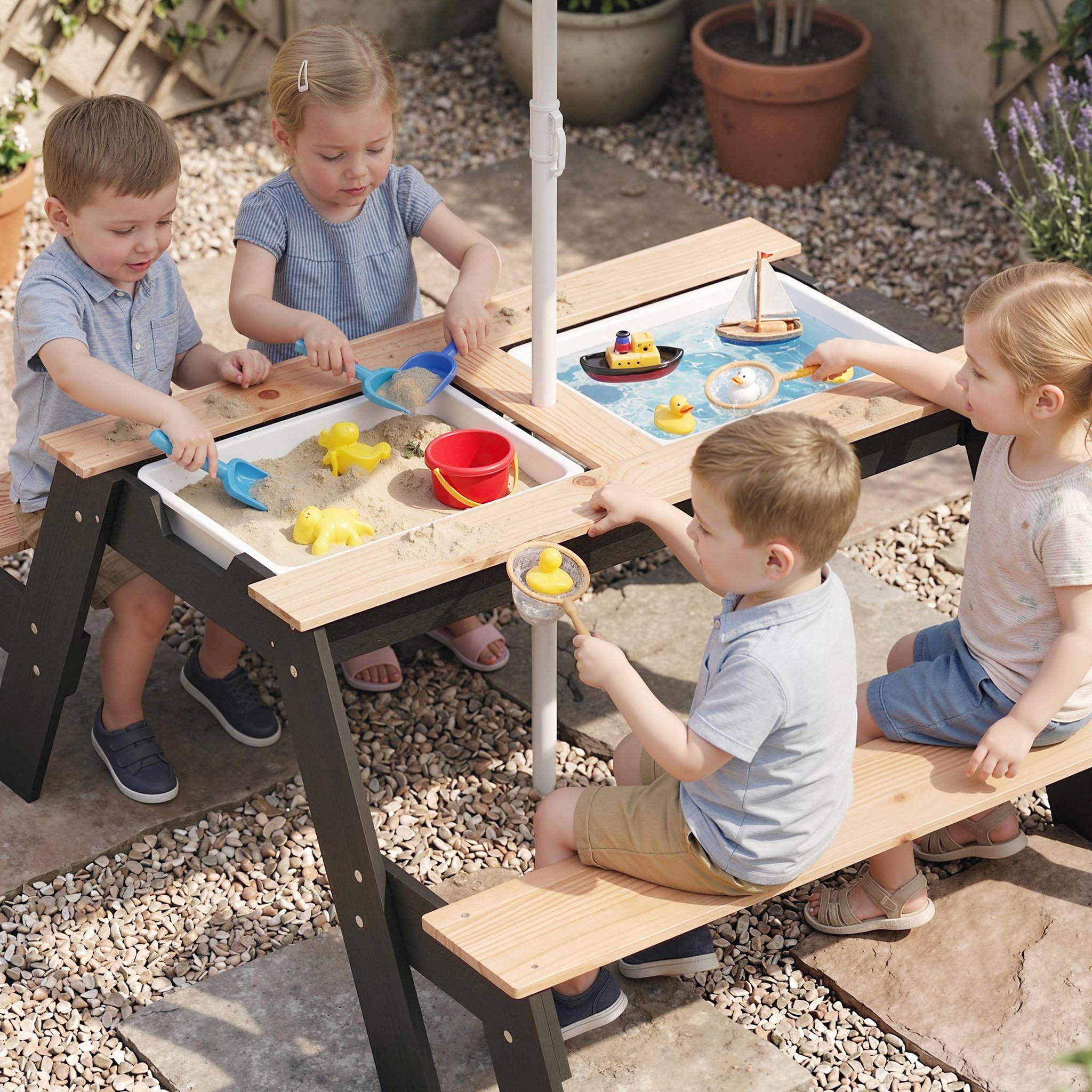 Voir la diapositive 4 : HOMCOM Table de pique-nique enfant bois avec parasol et 2 bacs