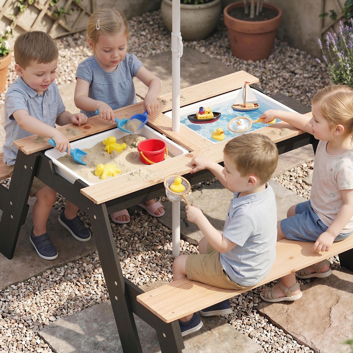 HOMCOM Table de pique-nique enfant bois avec parasol et 2 bacs