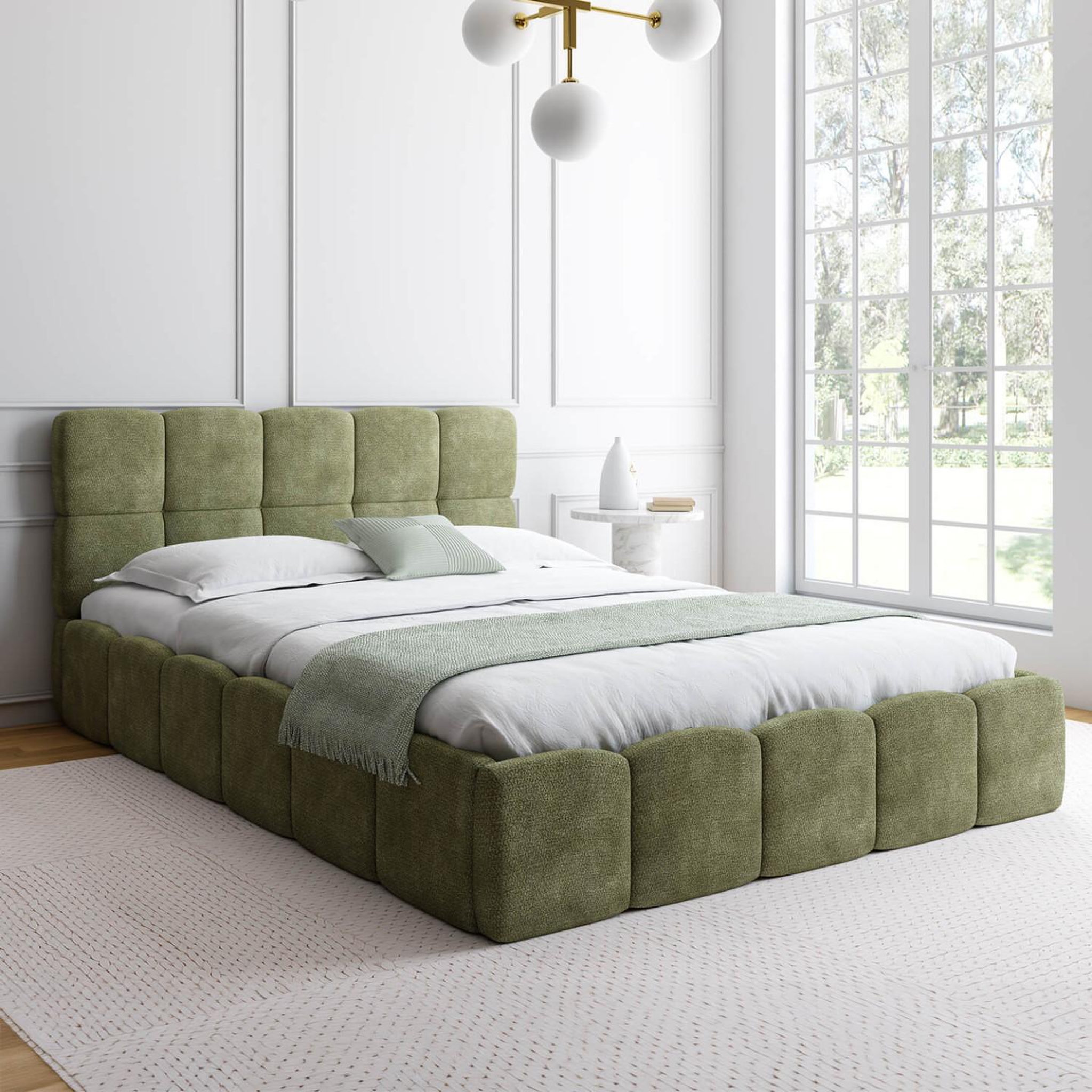 Voir la diapositive 4 : ID MARKET Lit coffre double nuage avec tête de lit matelassée et sommier 140 x 190 cm tissu chenille vert kaki