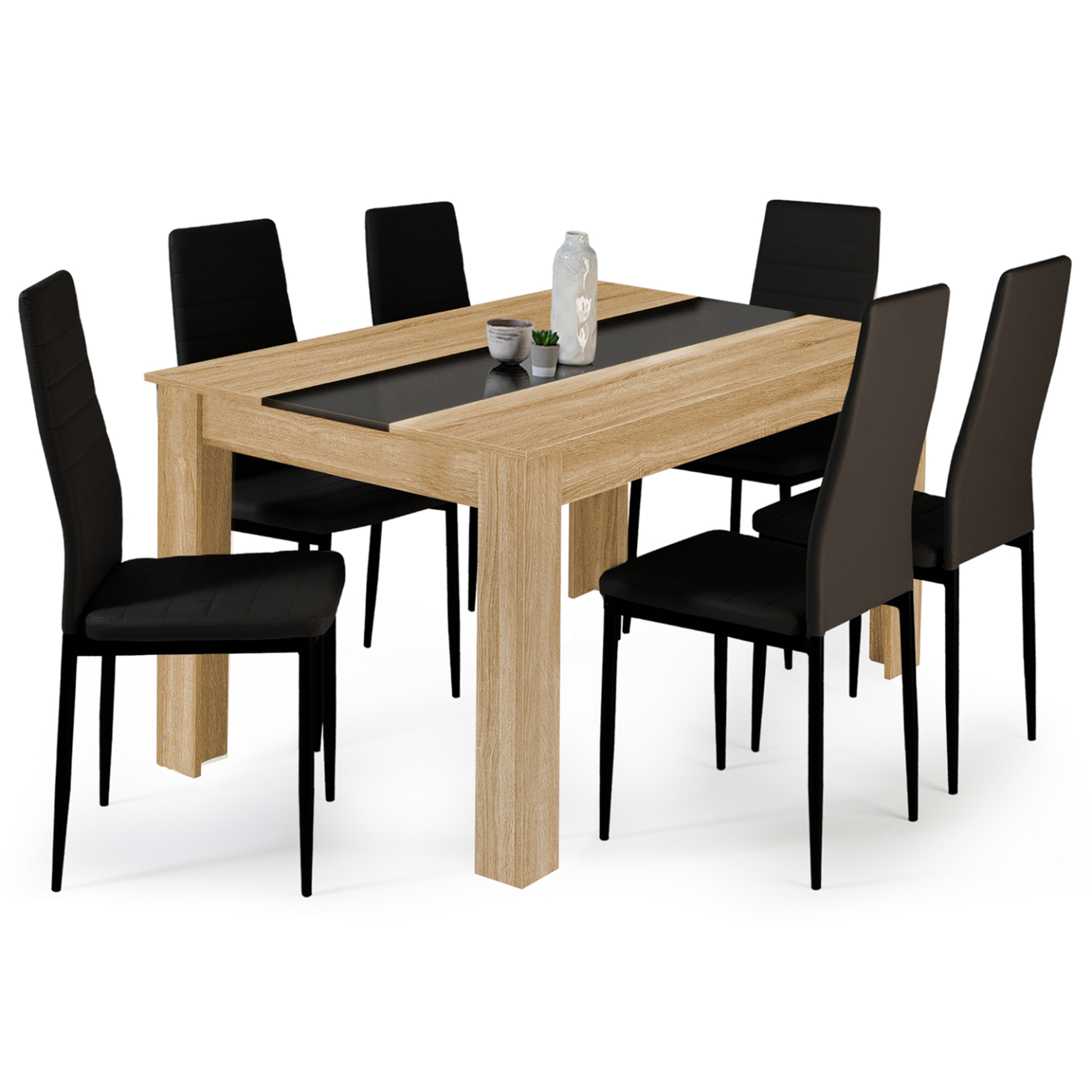 ID MARKET Ensemble table à manger georgia 140 cm imitation hêtre et noire et 6 chaises romane noires