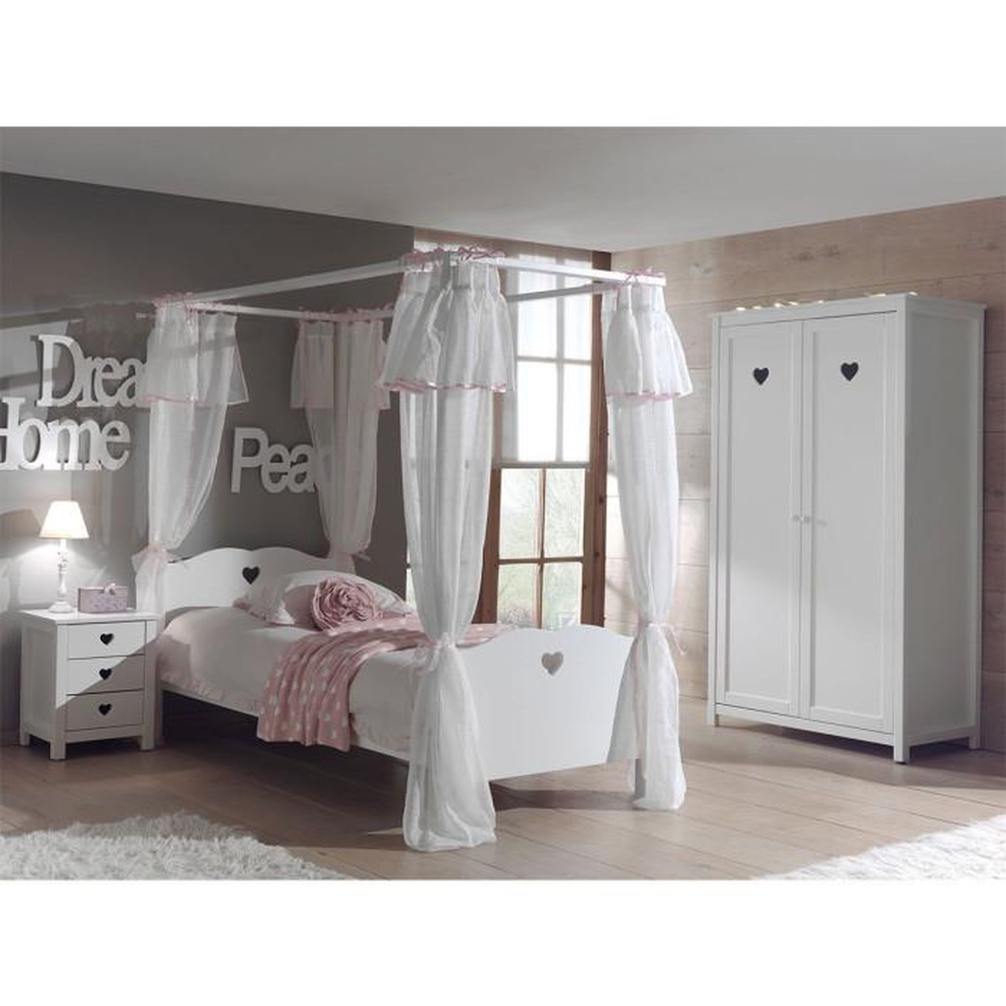 Voir la diapositive 4 : Paris Prix Pack - Lit à Baldaquin Enfant, Chevet, Armoire & Voile  Amori  Blanc