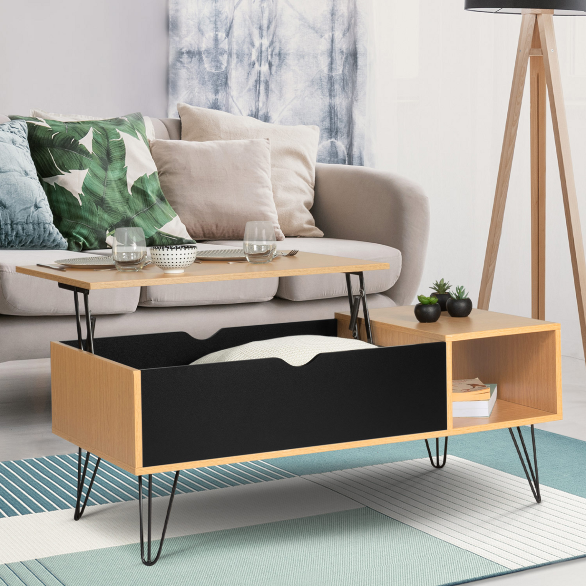 ID MARKET Table basse plateau relevable rectangulaire NOEMI bois pied épingle