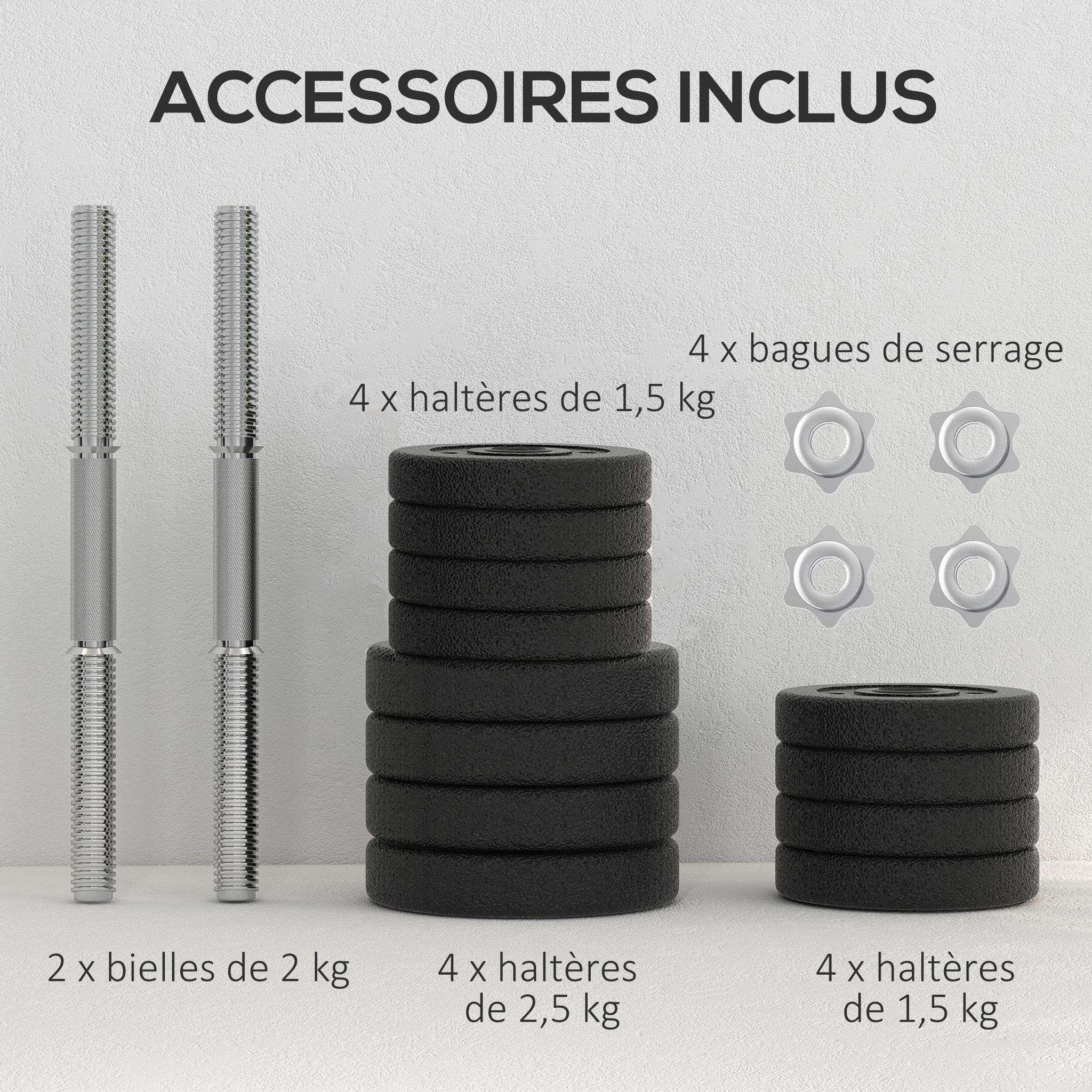 Voir la diapositive 4 : HOMCOM Ensemble d'haltères courtes total 25 kg - barres incluses - entraînement musculaire & haltérophilie - acier pu noir