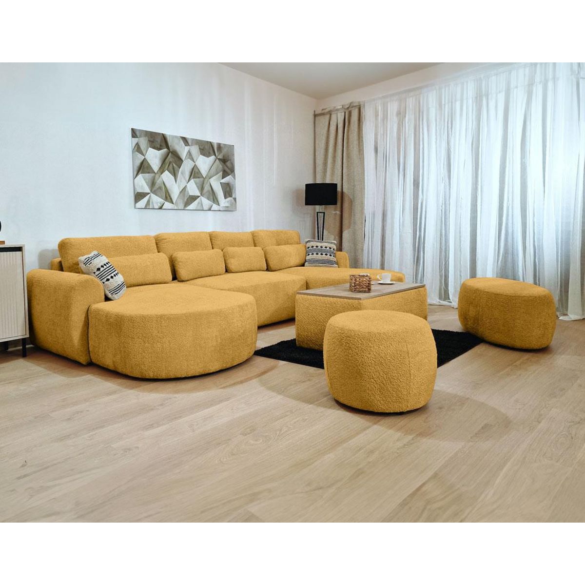 BEST MOBILIER Mahina - canapé panoramique en u 7 places - convertible avec coffre - en tissu bouclette