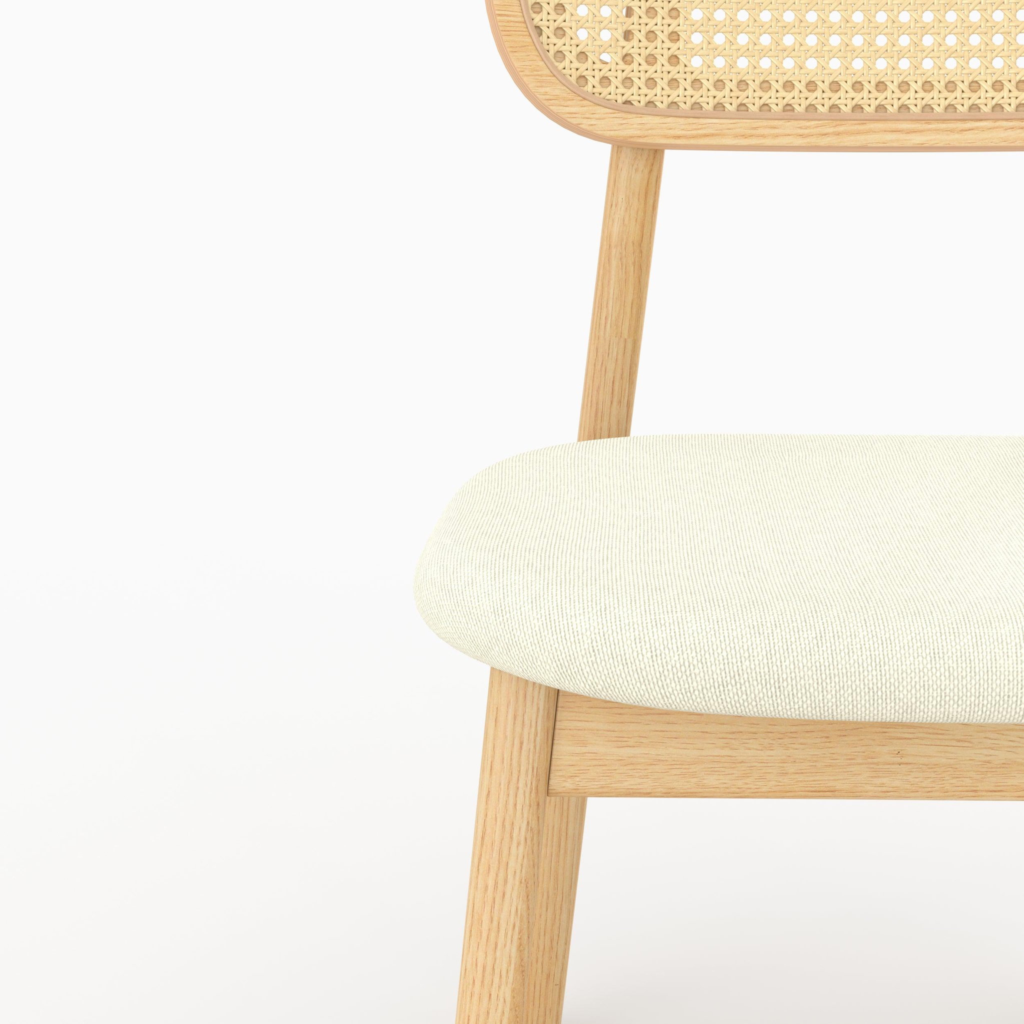 Voir la diapositive 6 : MAISON PAVANE Lot de 2 chaises en bois clair, tissu beige et rotin synthétique-maria