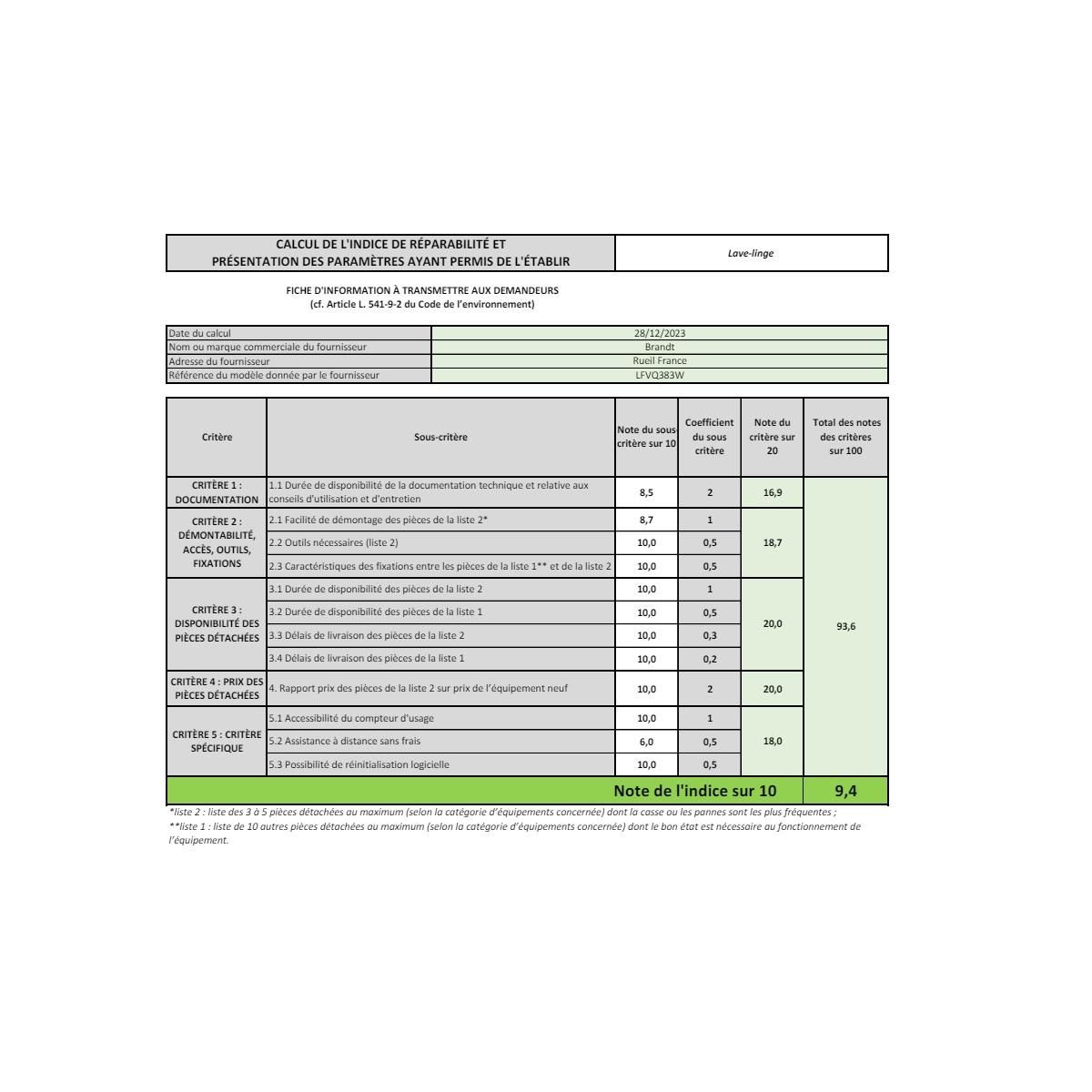 Vedette Lave-linge hublot 8kg 1400 tours/min - LFVQ383W