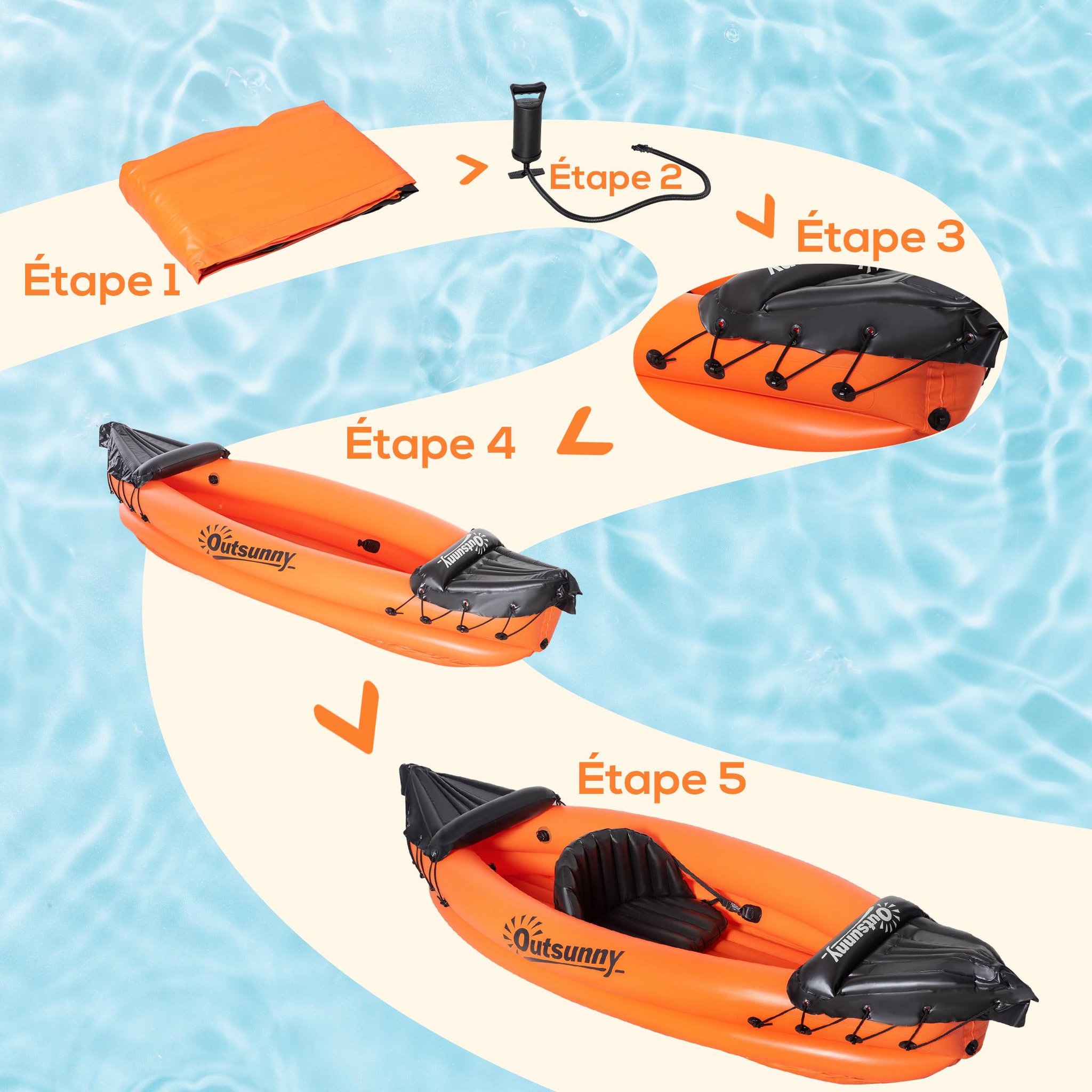 Voir la diapositive 6 : OUTSUNNY Canoé kayak gonflable 1 personne - gonfleur et rame en aluminium inclus - PVC orange noir