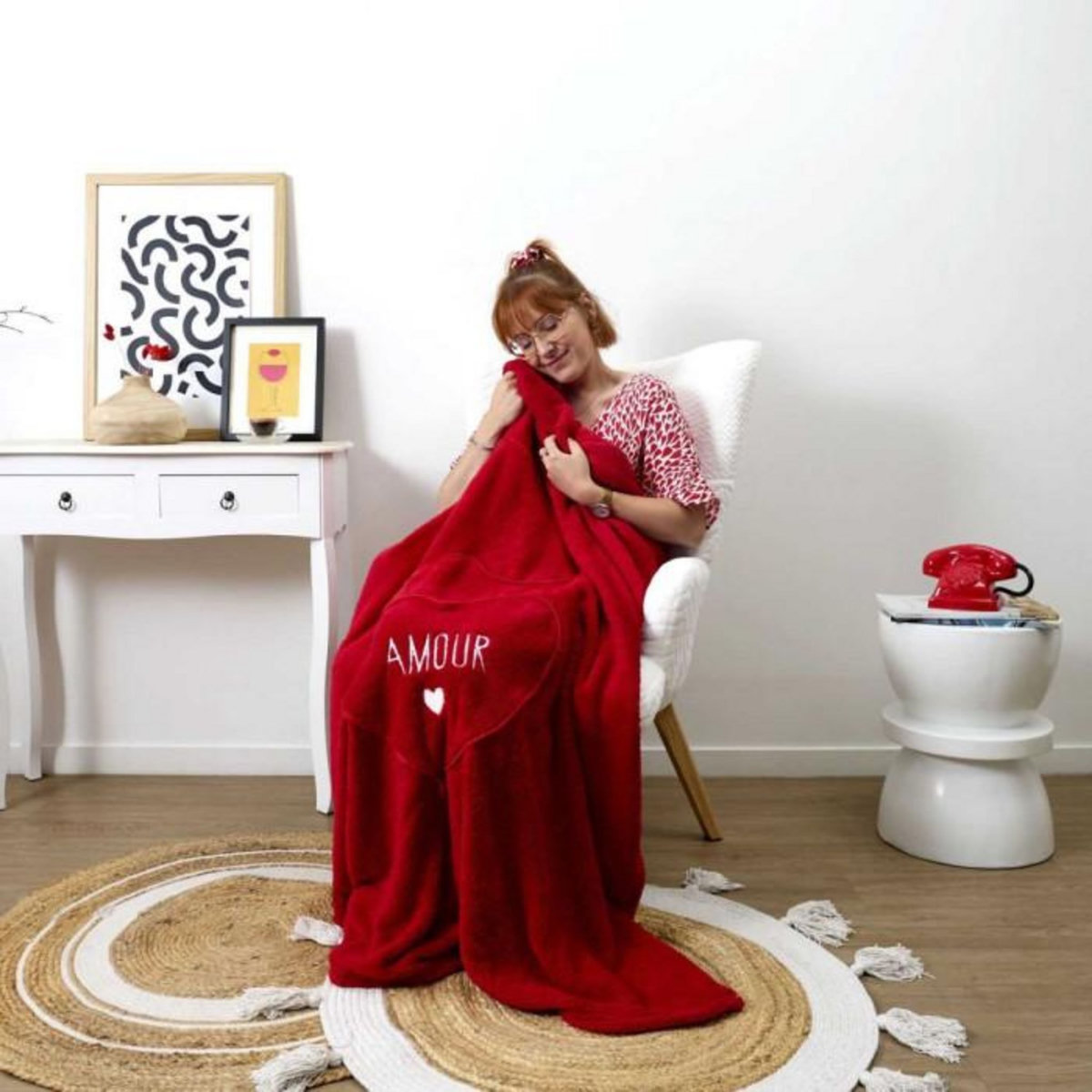 Paris Prix Coussin Plaid Sherpa  Cœur  120x150cm Rouge