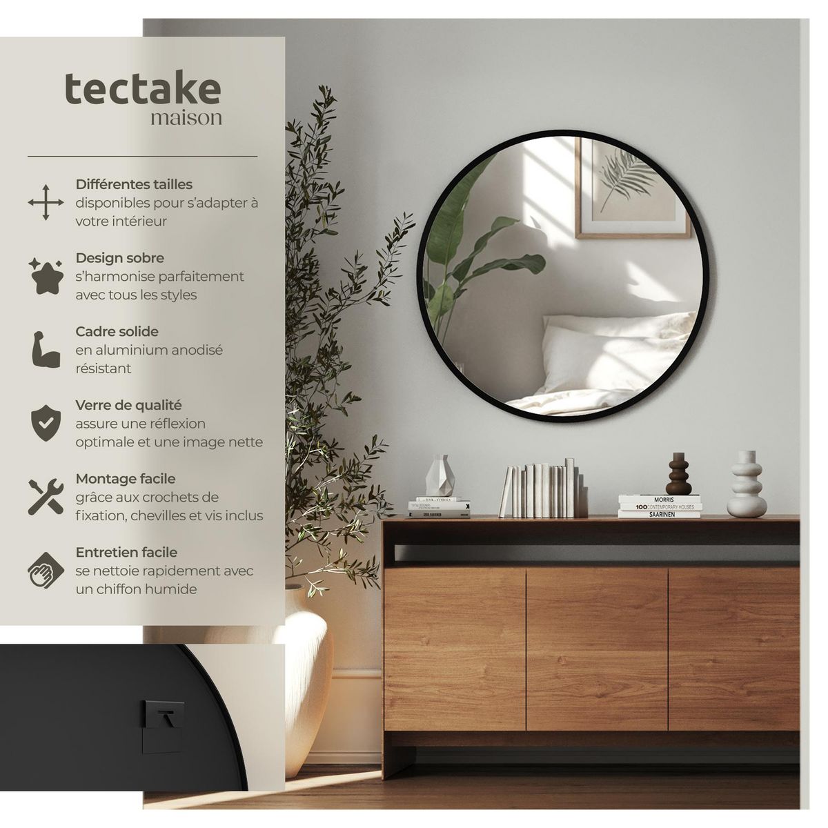 tectake Miroir mural rond Ø 70 cm noir