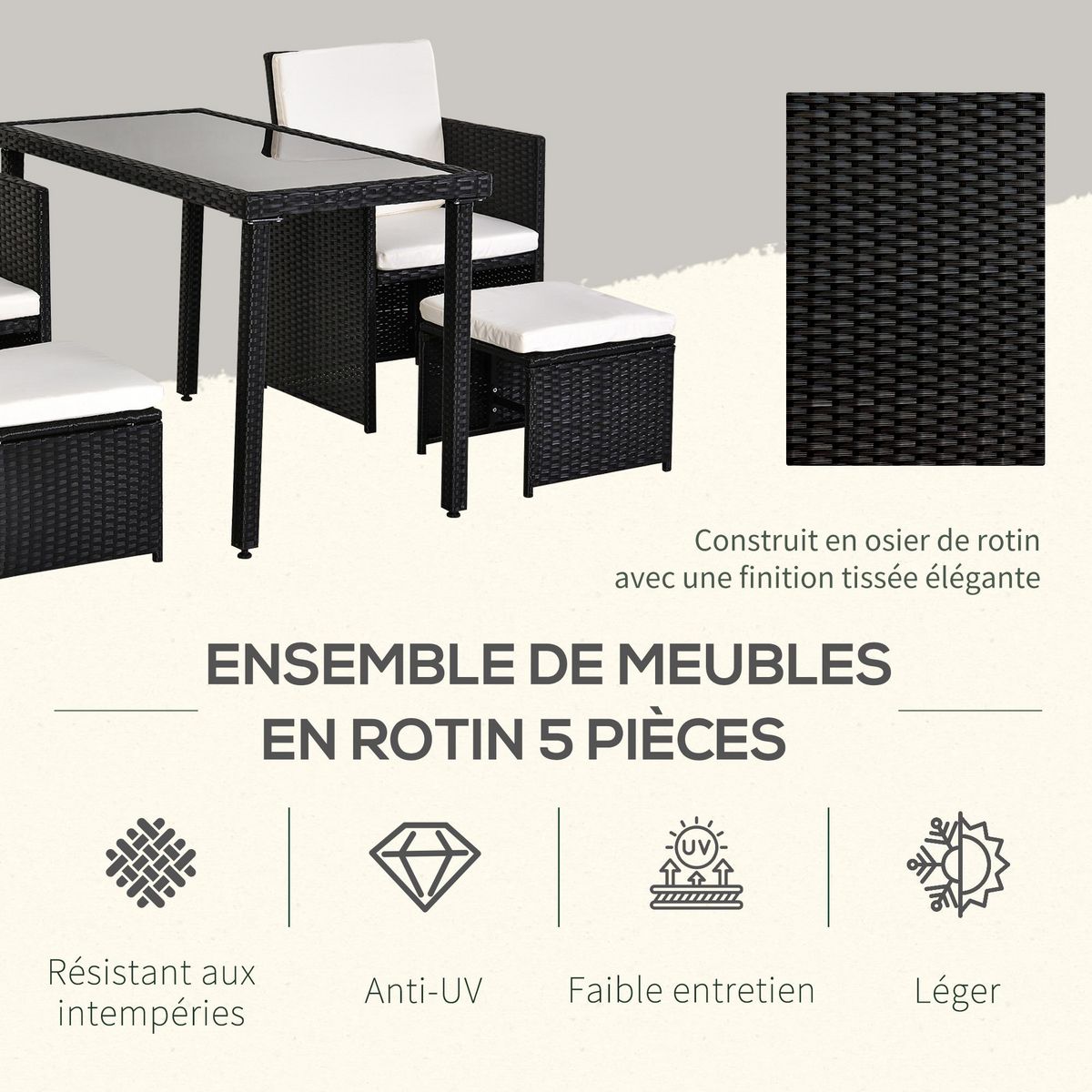OUTSUNNY Outsunny Ensemble salon de jardin encastrable 2 fauteuils monoblocs + 2 tabourets + table basse résine tressée 4 fils coussins déhoussables crème noir