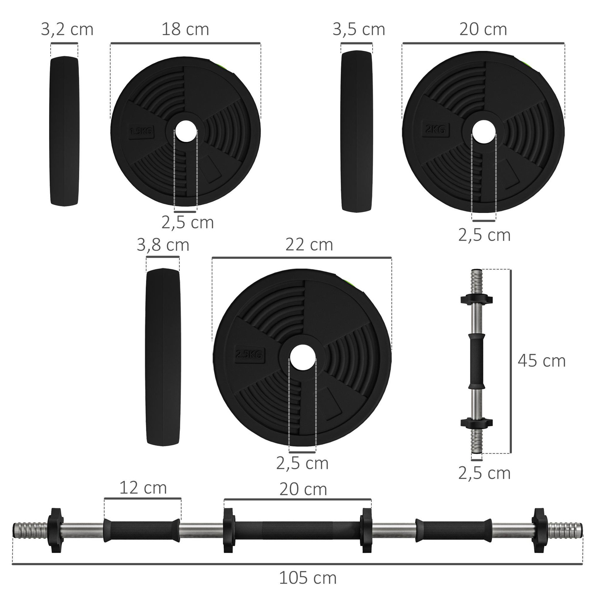 Voir la diapositive 3 : HOMCOM Haltères 2 en 1 réglables - haltères libres 25 kg - barres incluses - entraînement musculaire & haltérophilie - noir vert