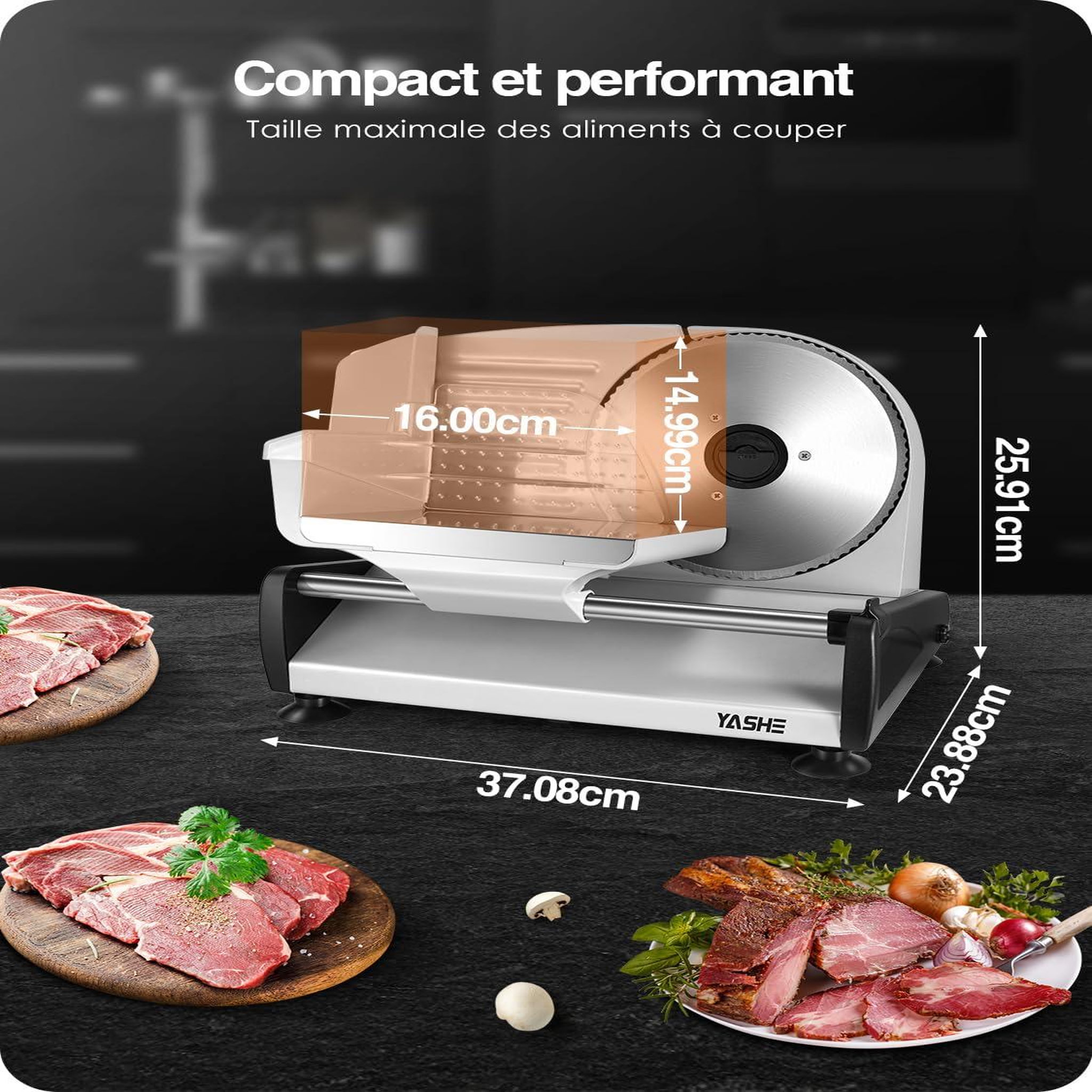 Voir la diapositive 5 : YASHE Trancheuse électrique 250 W, 2 lames Ø 19 cm, 0–15 mm