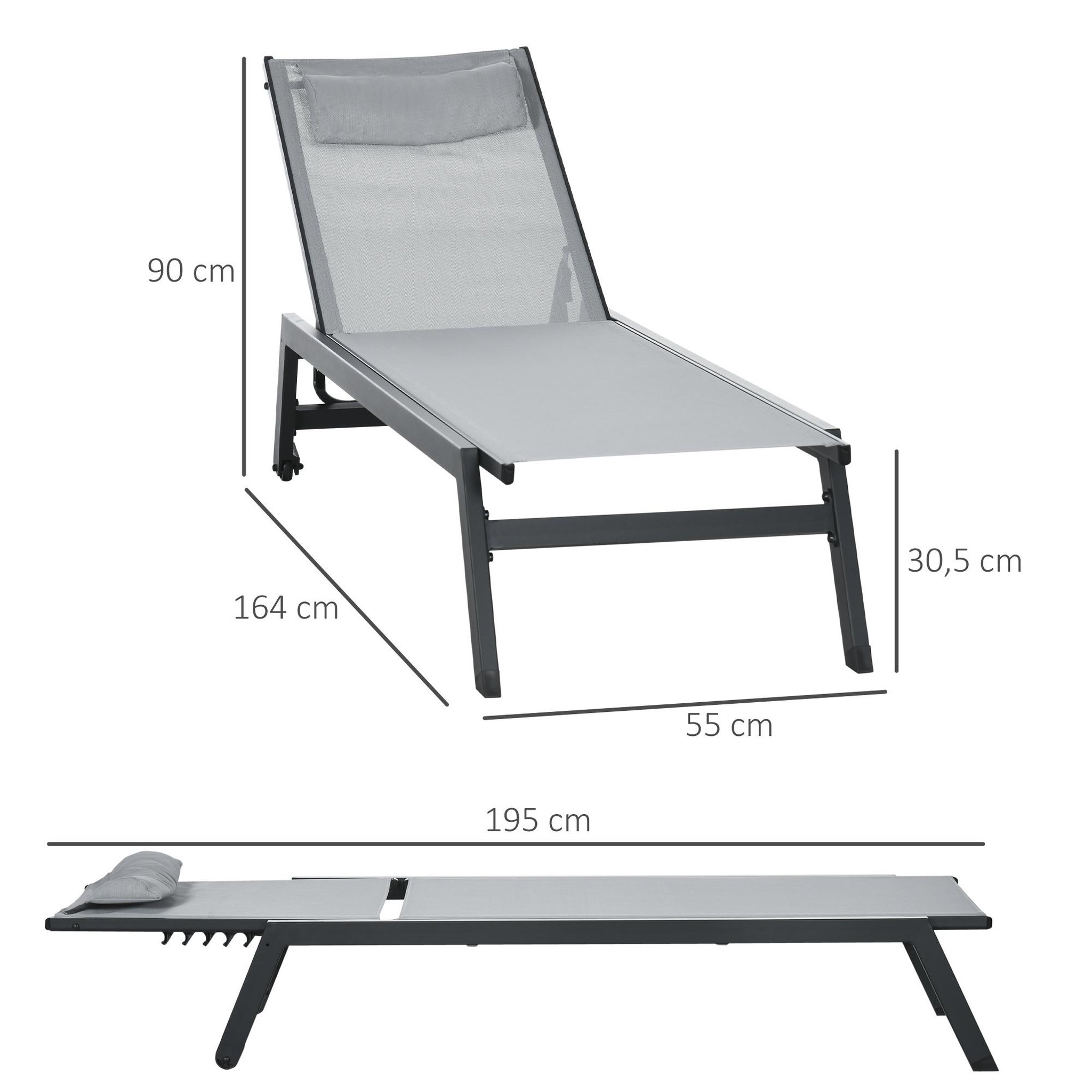 Voir la diapositive 3 : OUTSUNNY Bain de soleil transat inclinable 5 positions - tétière, 2 roulettes - alu. textilène gris