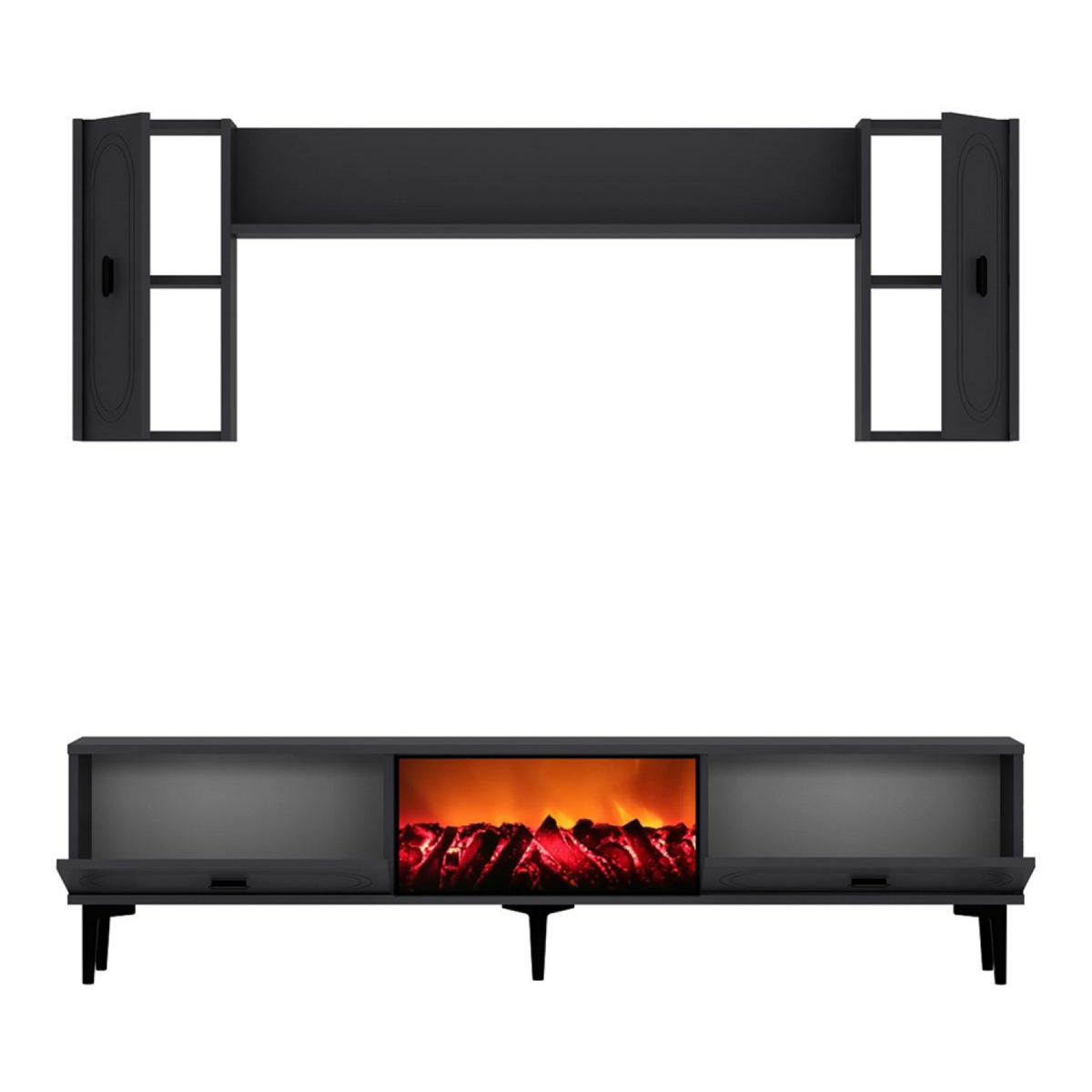 CONCEPT USINE Ensemble meuble TV avec étagères murales et cheminée LED 150cm gris anthracite VIBRA