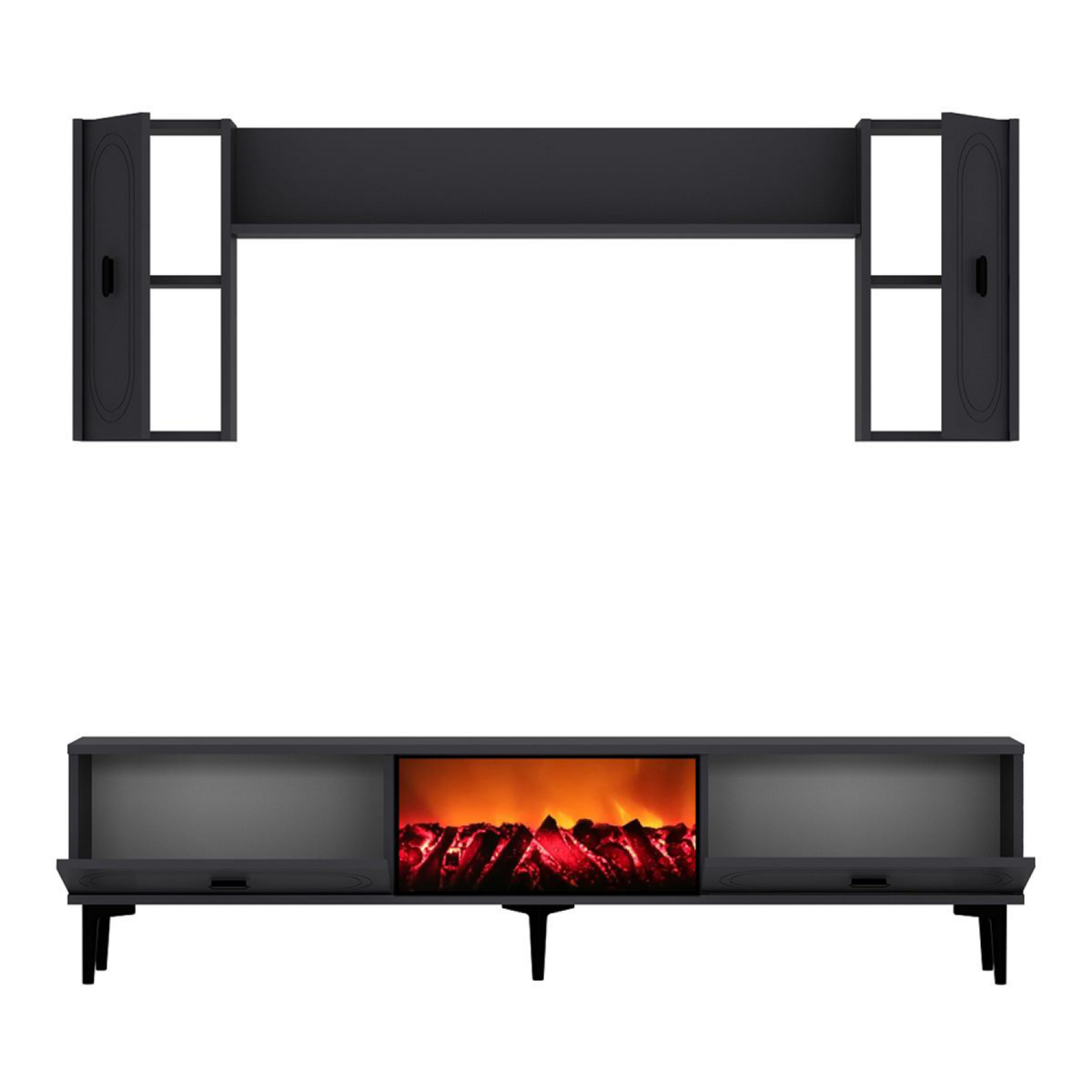 CONCEPT USINE Ensemble meuble TV avec étagères murales et cheminée LED 150cm gris anthracite VIBRA