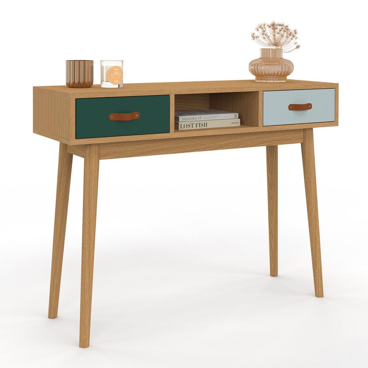 ID MARKET Console scandinave 2 tiroirs ALIZE bois et vert