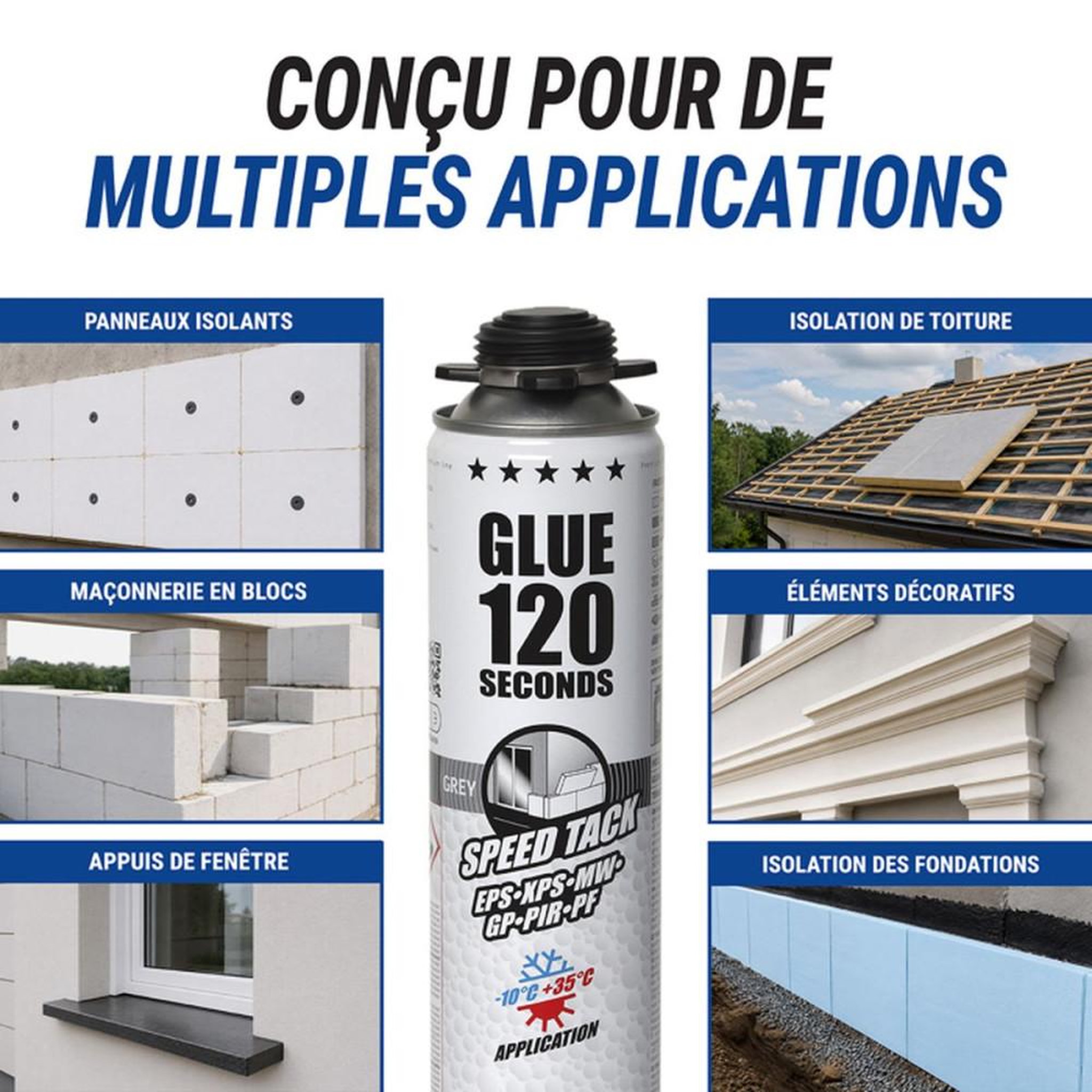 Voir la diapositive 3 : Mousse colle polyuréthane sans expansion FOME FLEX 120 Sec Speed Tack grise 750 ml