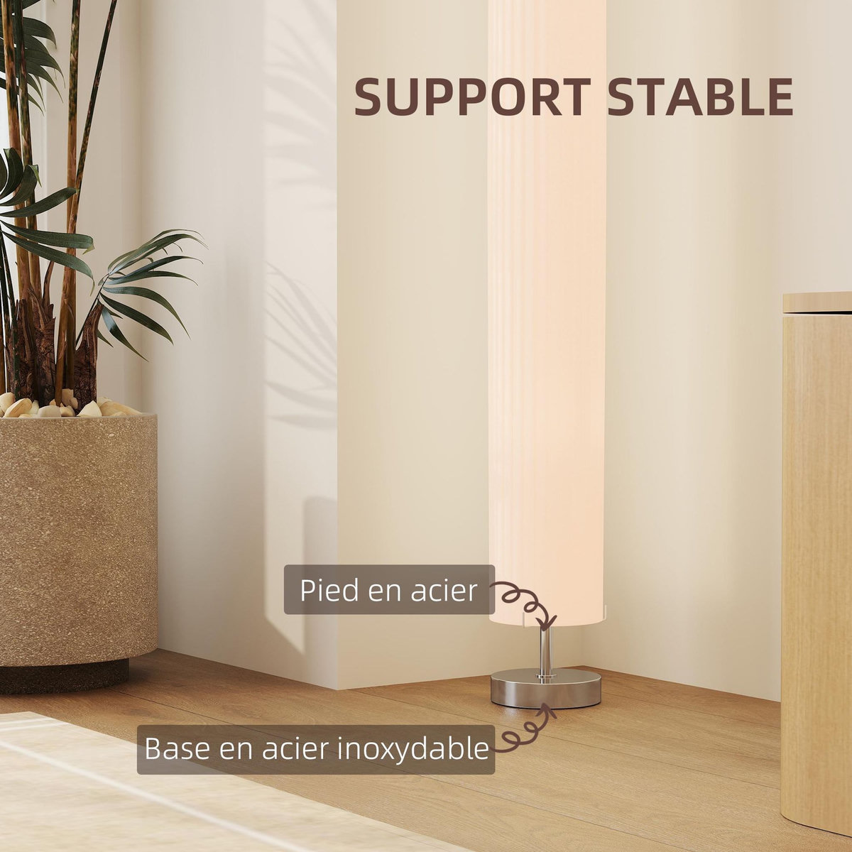 HOMCOM Lampadaire colonne sur pied design H.120 cm acier inox tissu blanc