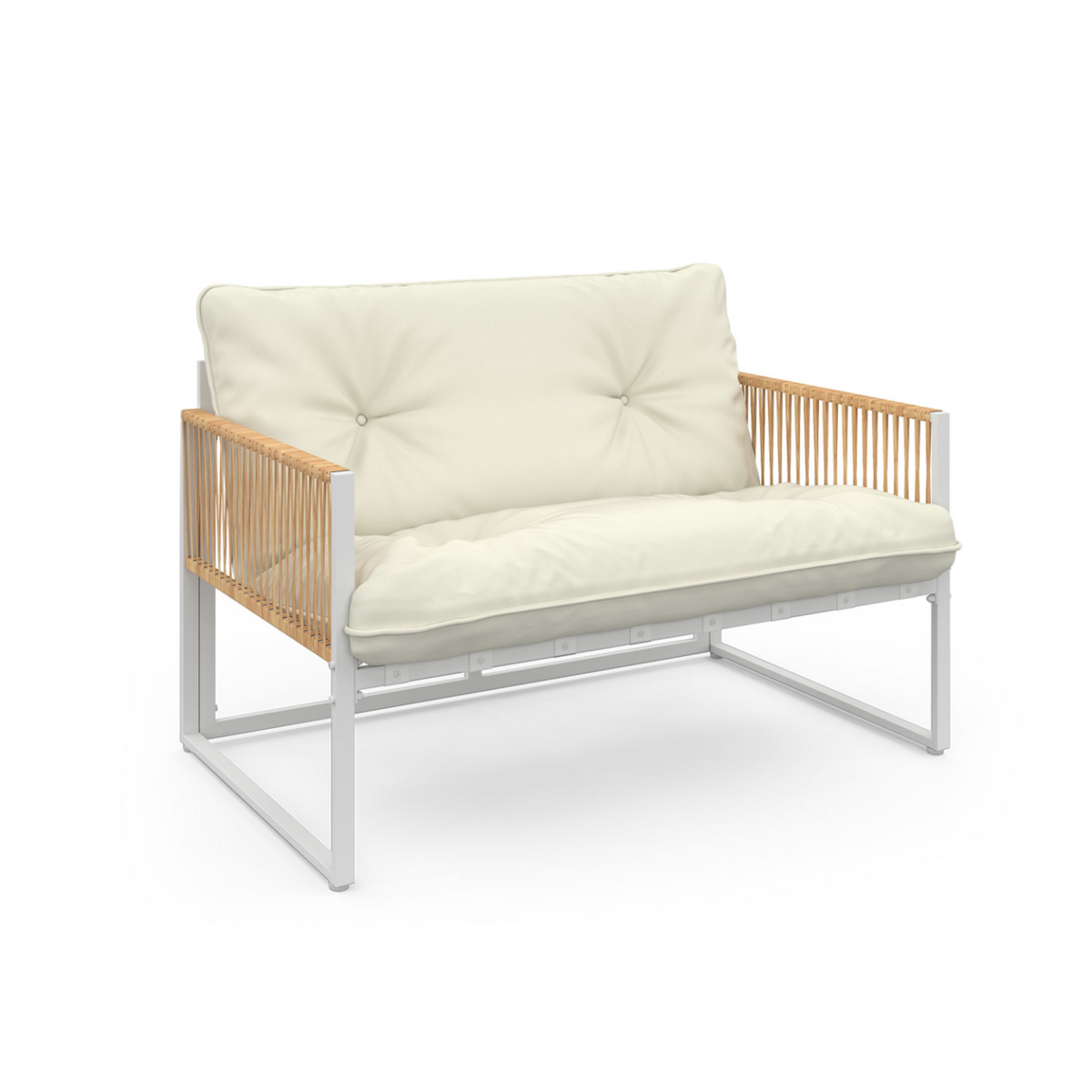 ID MARKET Salon de jardin bas RIO 4 places structure métal blanc, cordage effet rotin clair et coussins beige