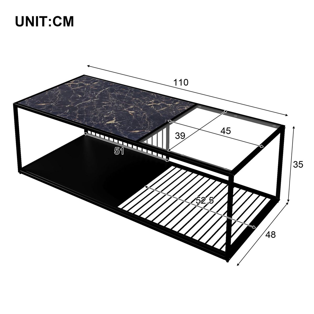 MERAX Table Basse 110 × 48 × 35 Cm Avec Plateau En Verre