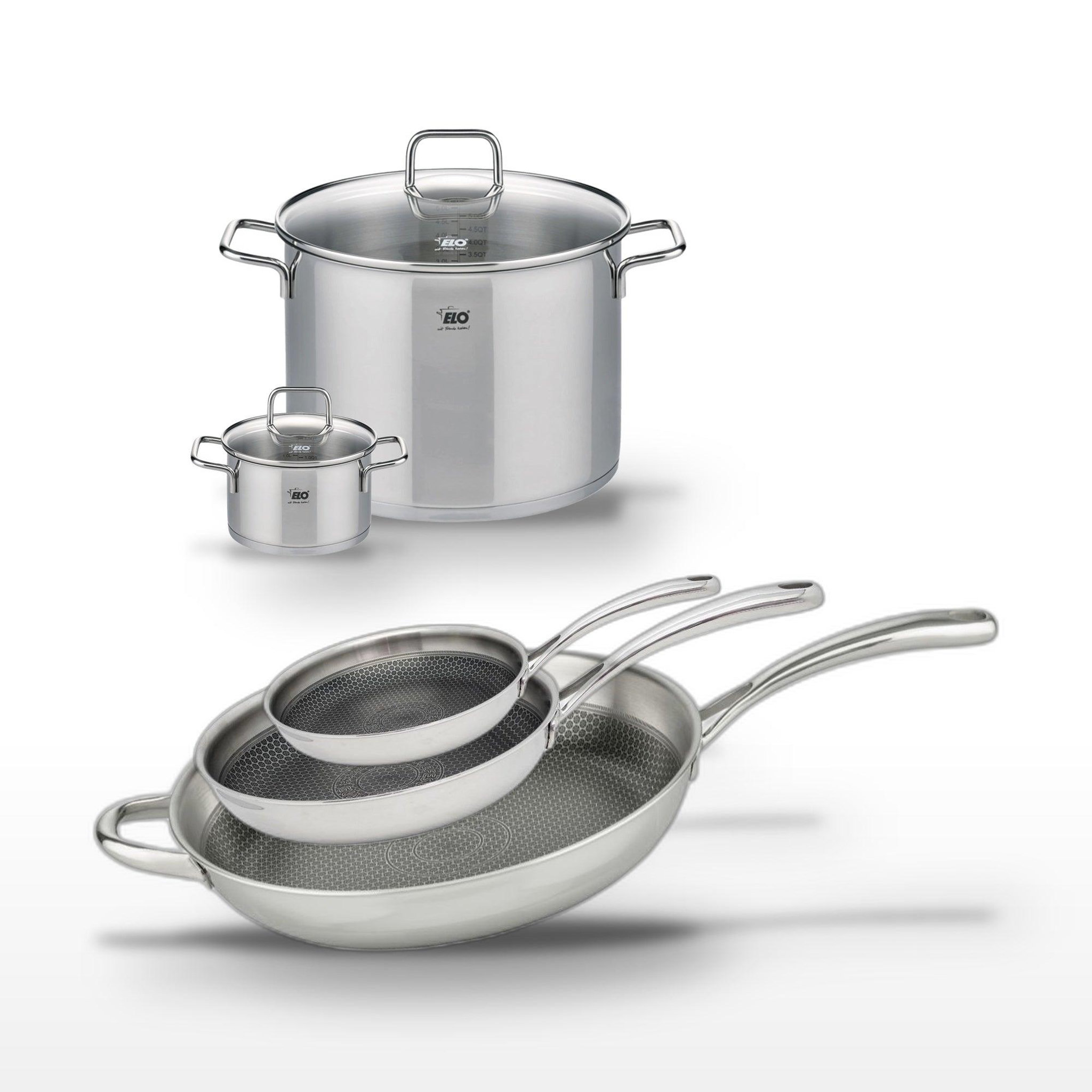 Voir la diapositive 1 : ELO Lot 3 Poêles 32/28/24 cm & 2 Faitouts 26/14 cm Elo Relief Evolution