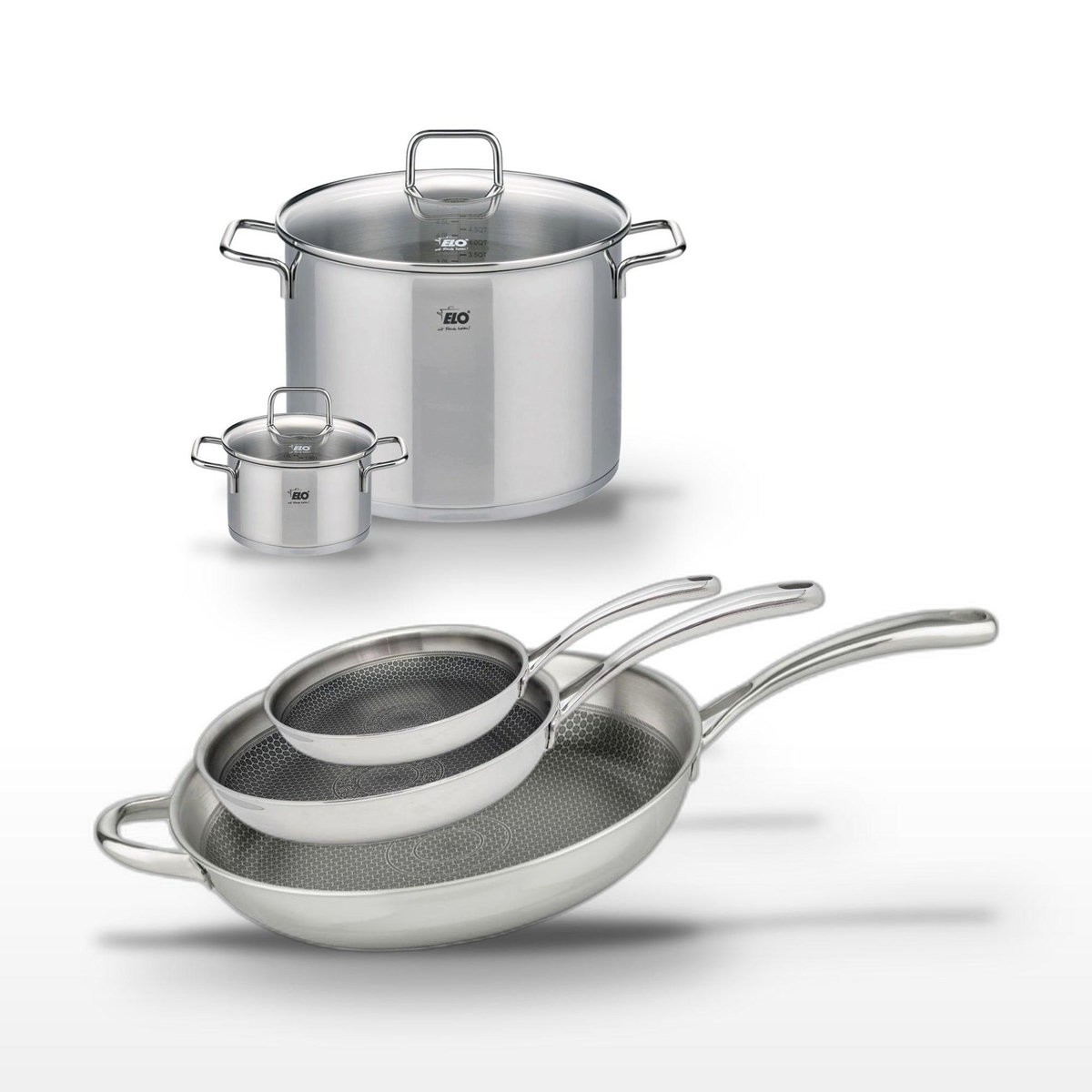 ELO Lot 3 Poêles 32/28/24 cm & 2 Faitouts 26/14 cm Elo Relief Evolution