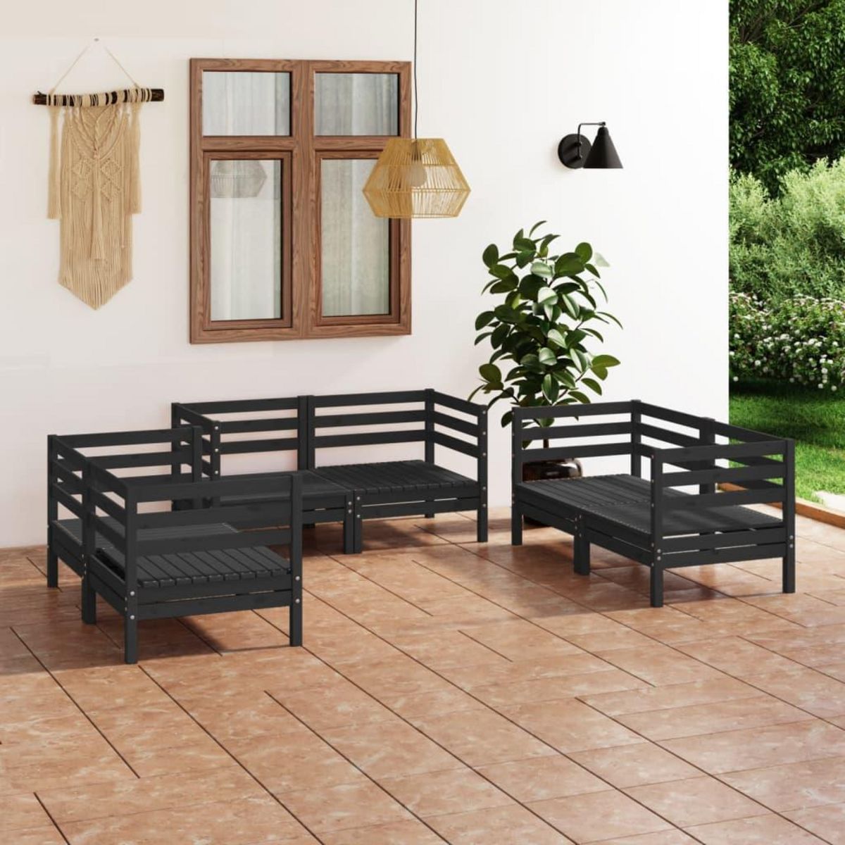 VIDAXL Salon de jardin 6 pcs Noir Bois de pin massif